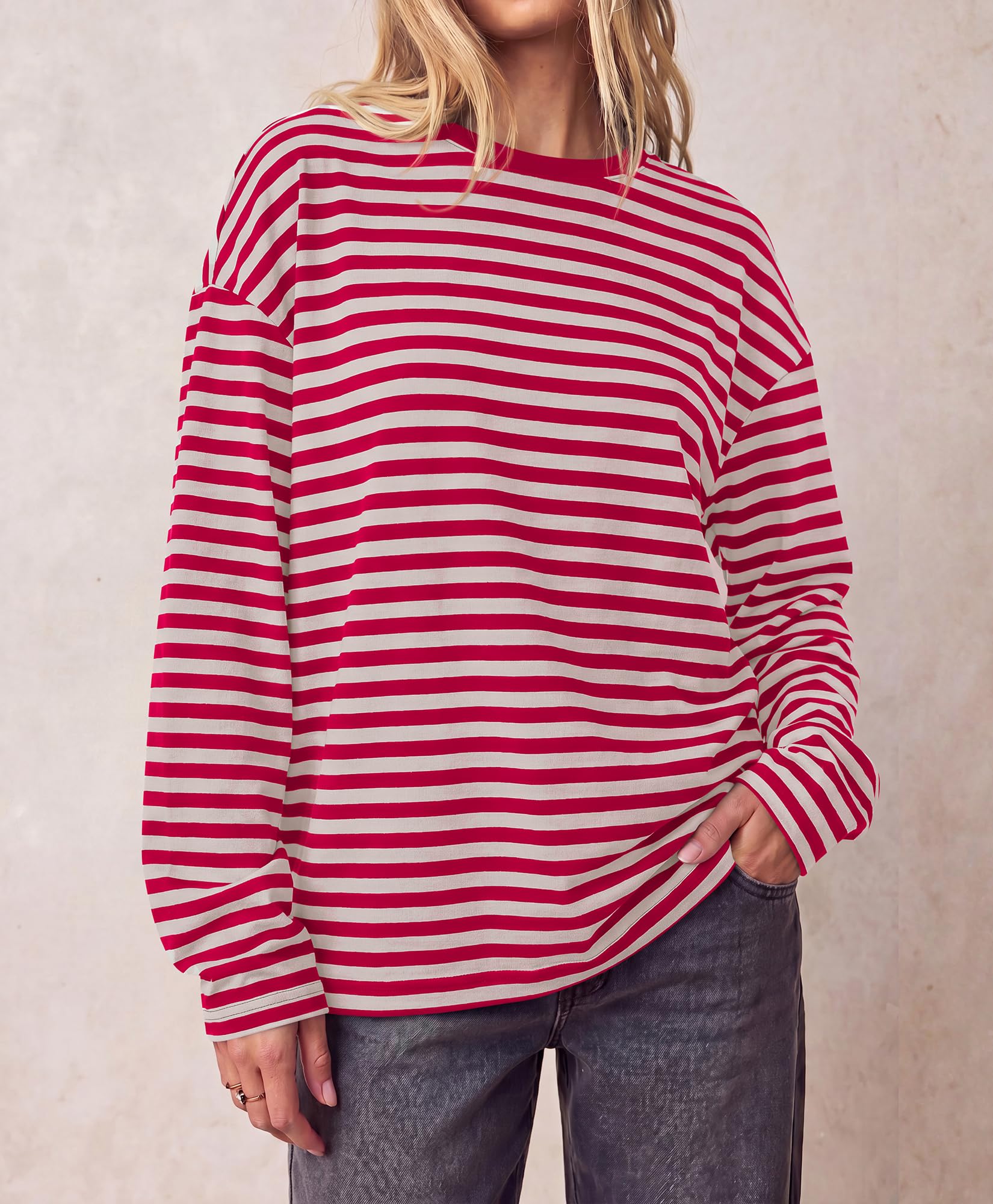 BTFBM Womens Long Sleeve Tops Fall Fashion | Lightweight, Crew Neck, Oversized Striped Shirt Women, Y2k Clothes, Vacation Travel Outfits, Going Out Top, Winter Layering