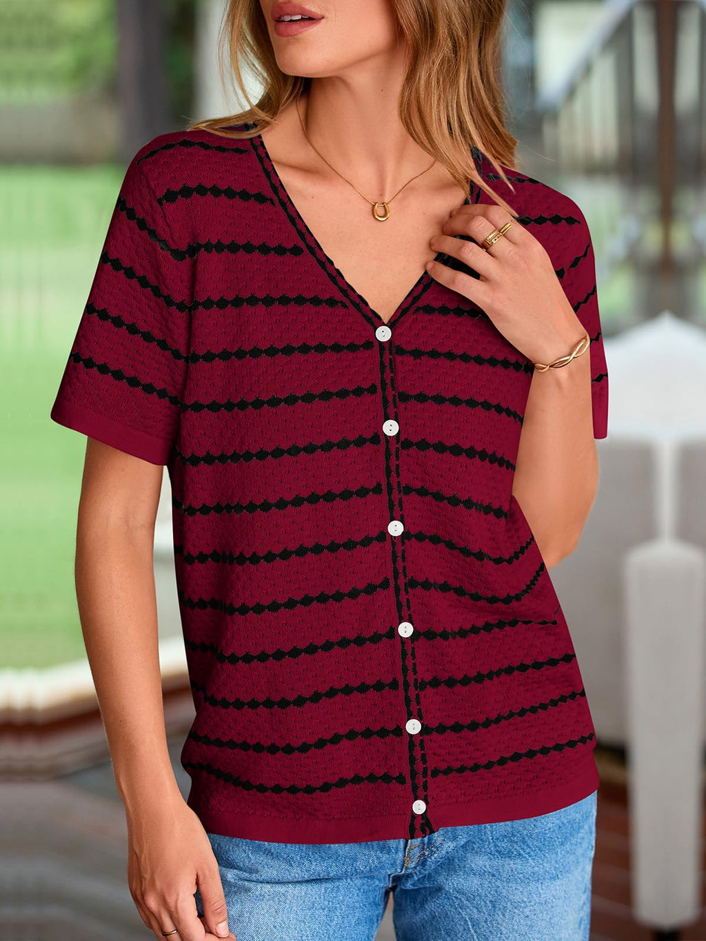 FreshPretty Women's Short Sleeve Sweater Spring Summer Crochet Knit Tops V Neck Striped Button Down Dressy Casual Blouses