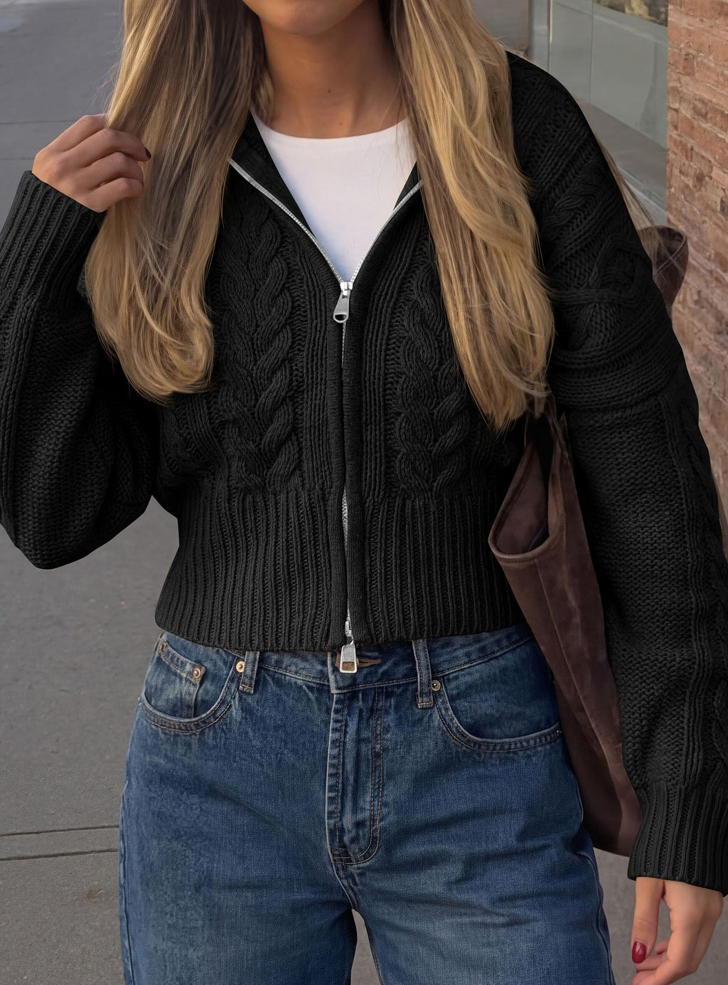 PRETTYGARDEN Women's Cable Knit Cropped Cardigan Sweaters Oversized Sweater, Long Sleeve Zip Up Jacket, Collared Neck, Ribbed Hem, Cozy Soft Casual Wear, Fall Clothes Winter Outerwear
