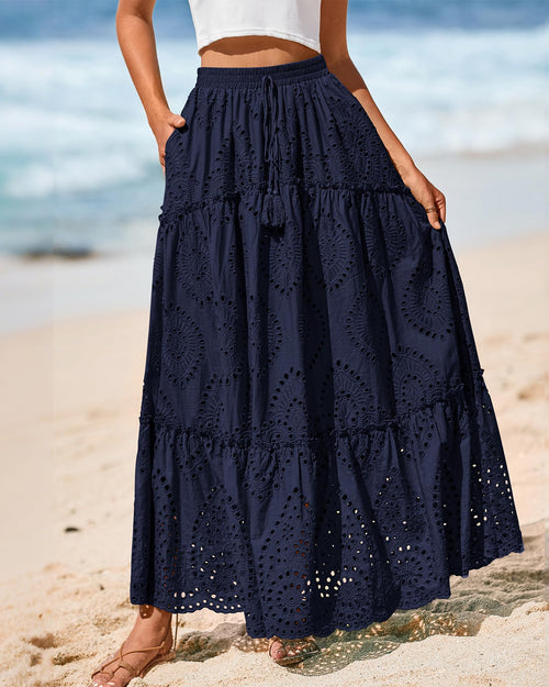 BTFBM Long Skirts for Women Summer Boho Lace Embroidery High Waist Flowy Tiered Spring Maxi Skirt Beach Vacation