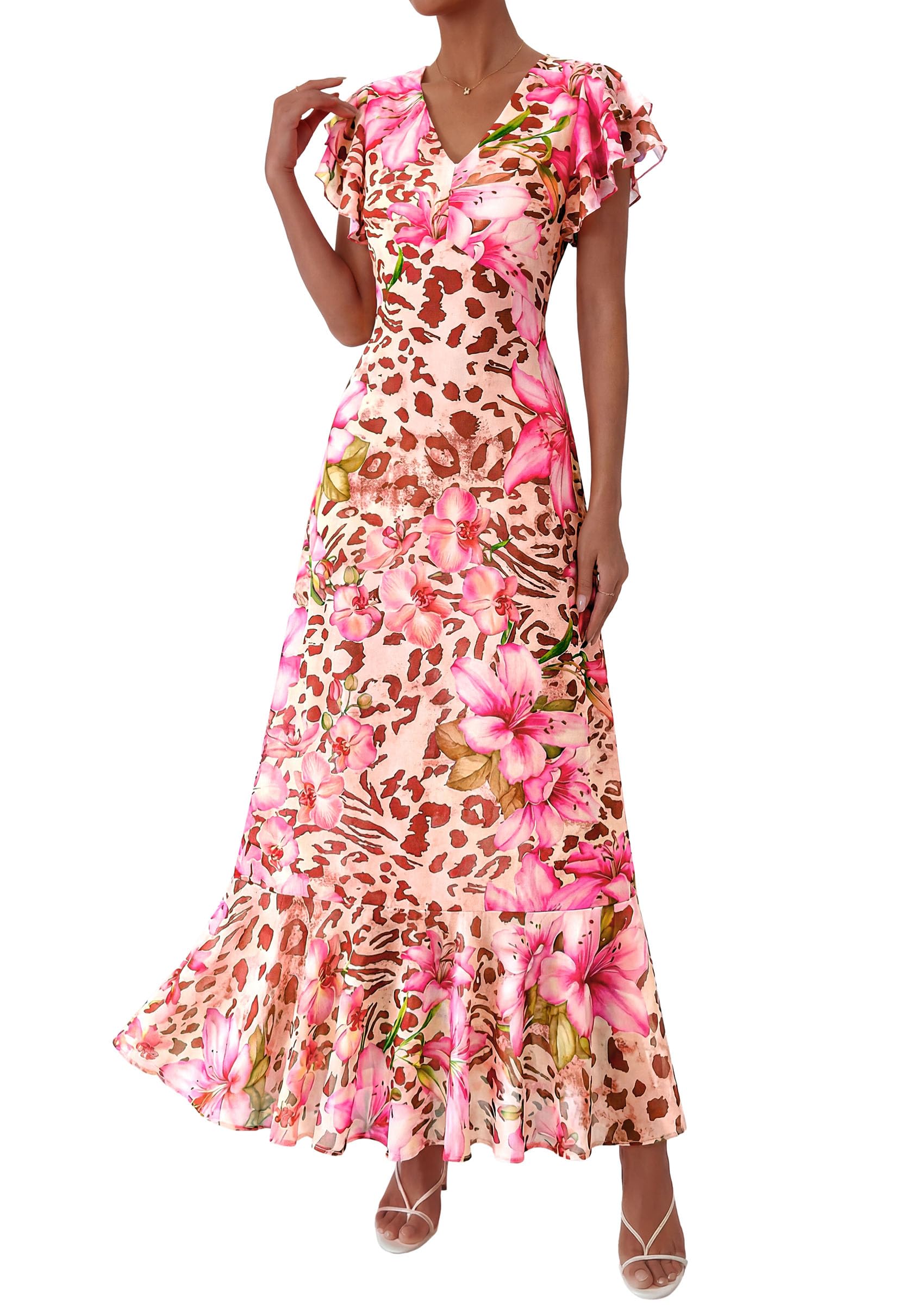 PRETTYGARDEN Womens Summer Floral Maxi Dresses Spring Short Sleeve Ruffle V Neck Flowy Boho Long Beach Vacation Sundress