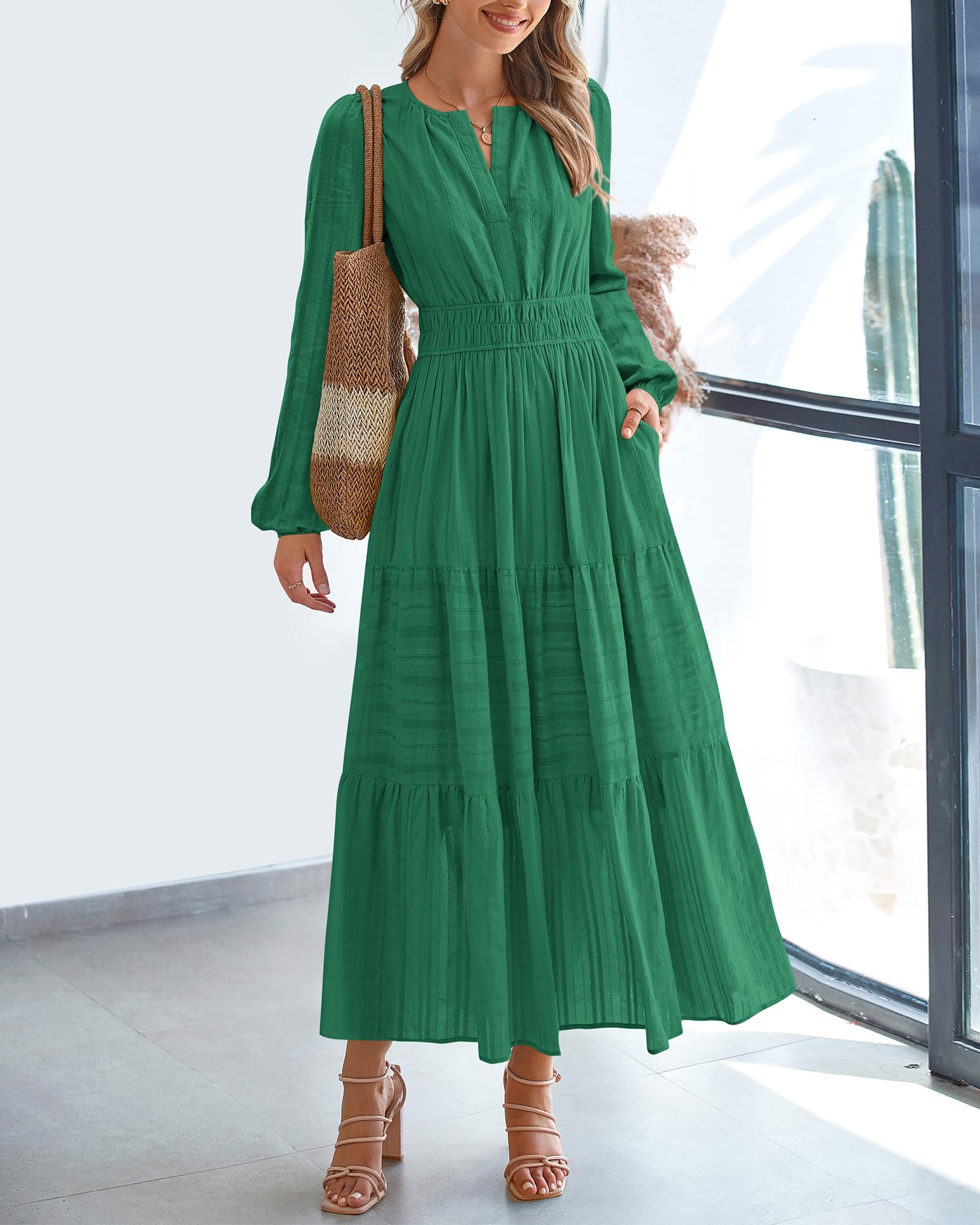 FreshPretty Fall Dresses for Women Casual Long Sleeve V Neck Elastic Waist Lightweight Maxi Wedding Guest Dress Pockets