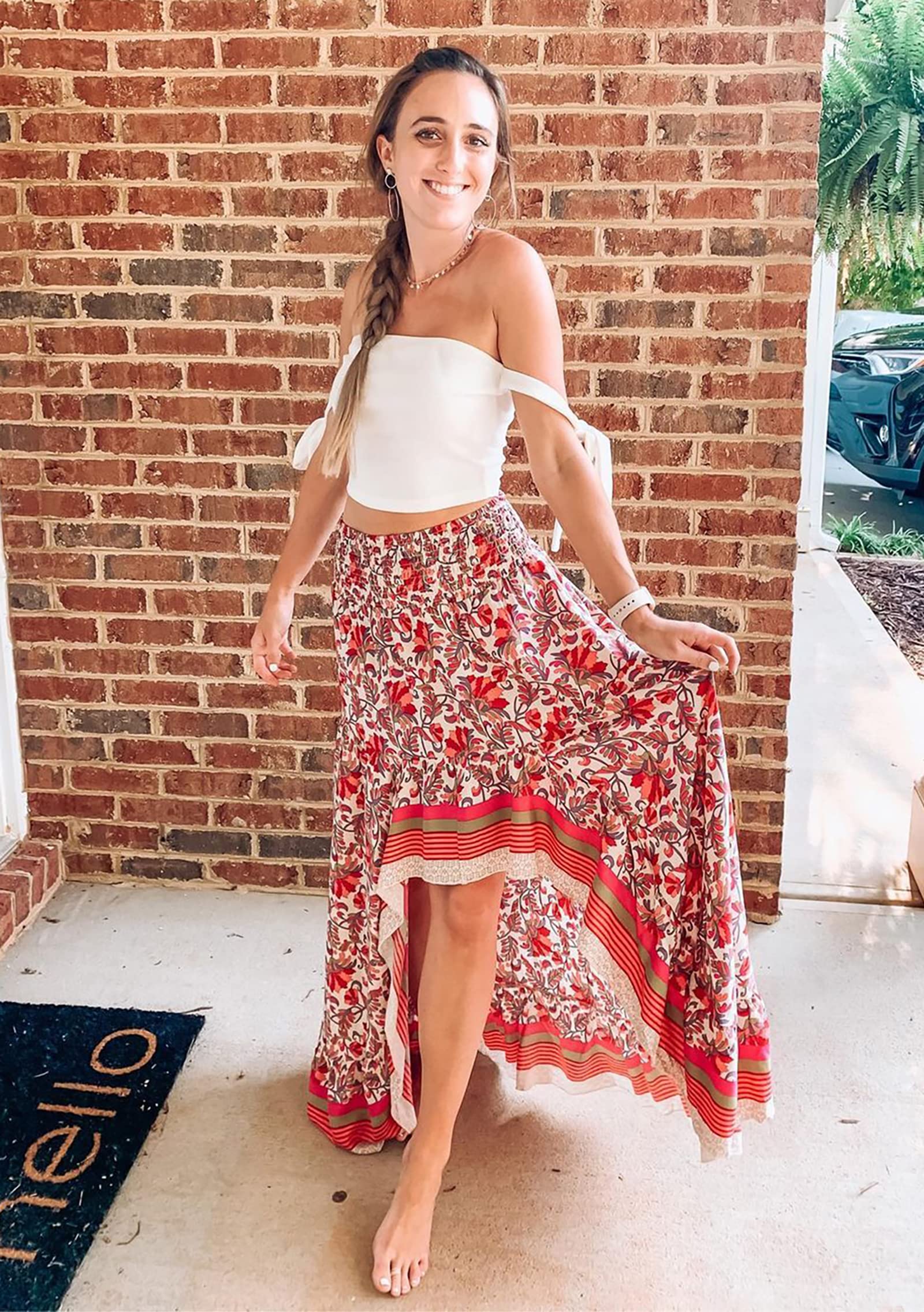 FreshPretty Women Summer Fall Boho Long Skirts Dress Floral Print Elastic Waist Split Ruffle High Low Beach Maxi Skirt