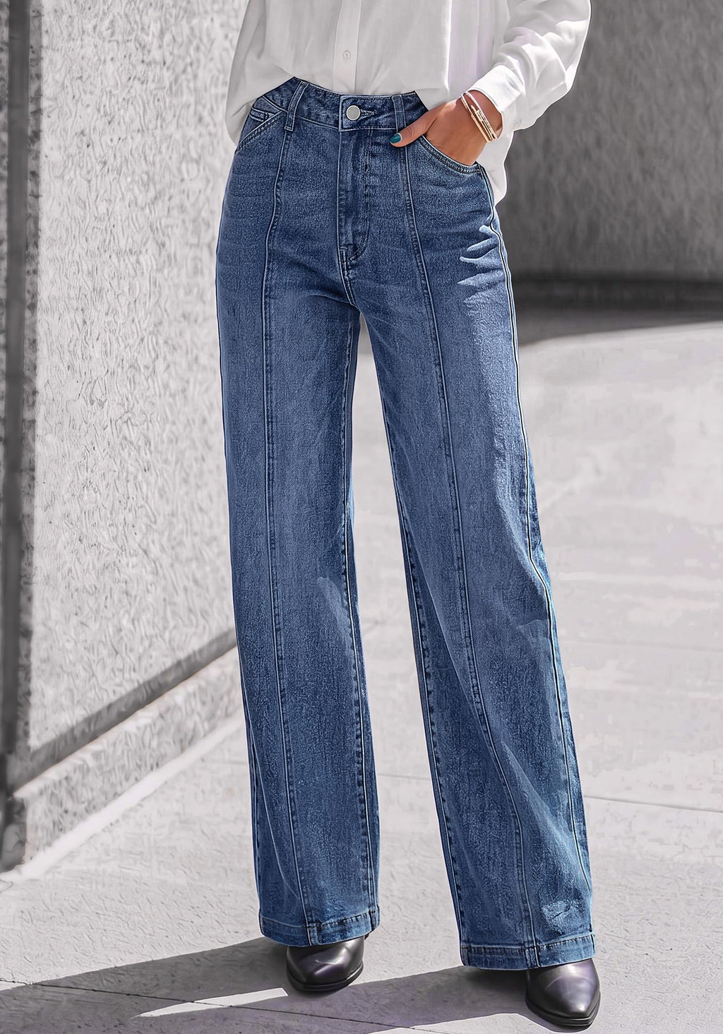 BTFBM Front Seam Stretchy Wide Straight Leg Jeans for Women Trendy Boyfriend Baggy Denim Jeans, High Waisted Palazzo Pants, 5-Pocket, Relaxed Fit, Full Length, Casual Bottoms, Fall Outfits