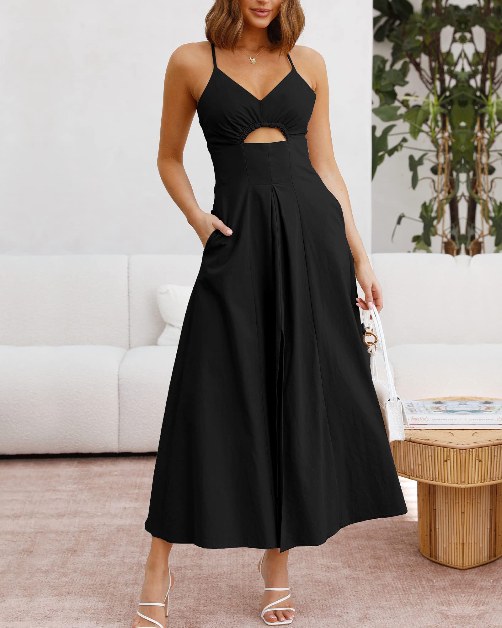 FreshPretty Women Summer Spaghetti Strap Midi Dress Sleeveless V Neck Cutout Slit Casual Beach Party Maxi Dresses Pockets