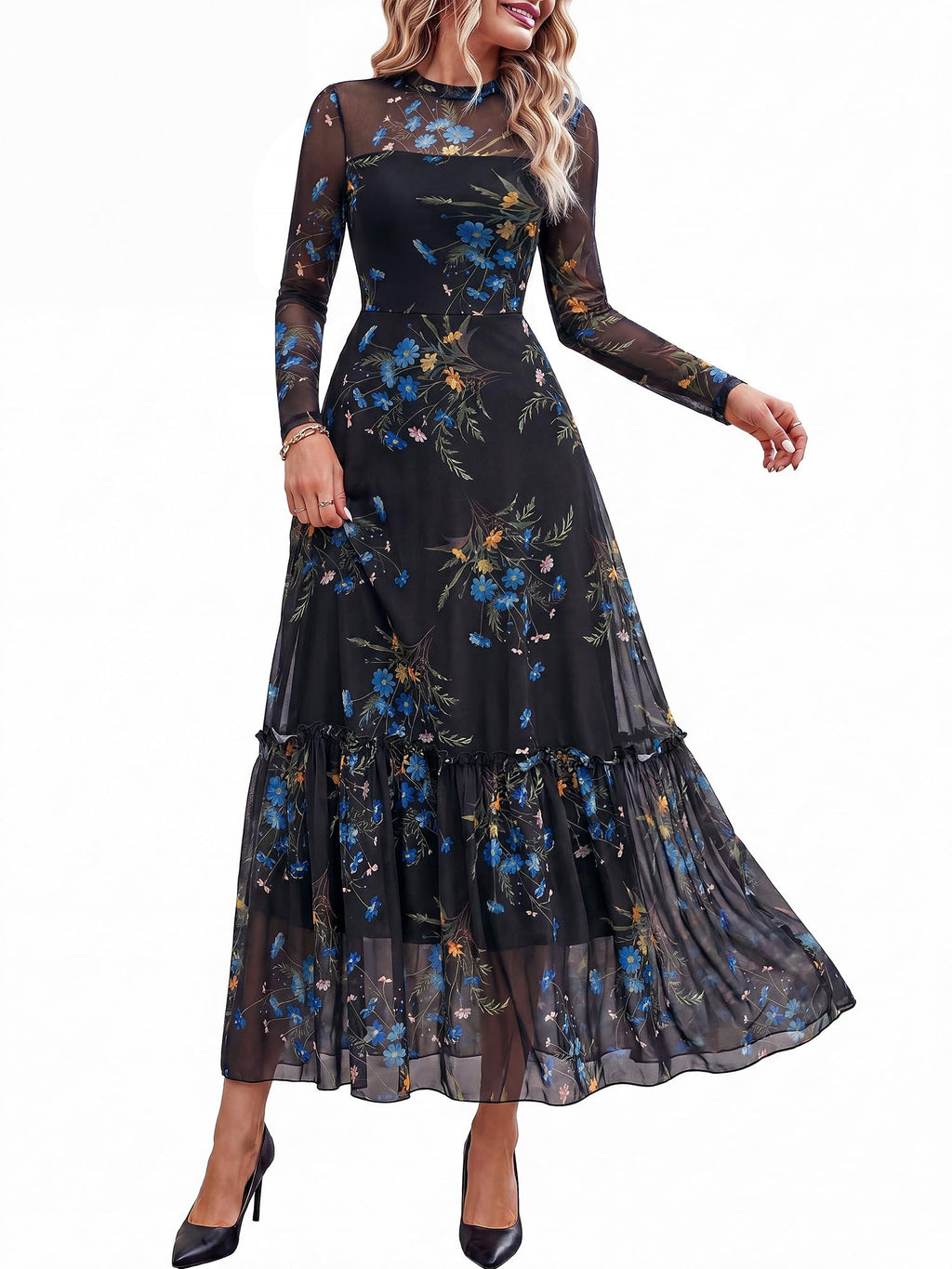 BTFBM Boho Mesh Long Sleeve Dress for Women | Mock Neck, Floral, A Line, Tiered, Graduation, Wedding, Cocktail Maxi Dresses, Fall Fashion, Resort Wear