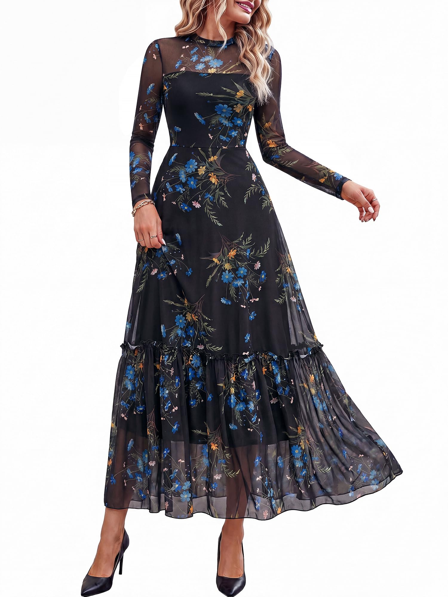 BTFBM Boho Mesh Long Sleeve Dress for Women | Mock Neck, Floral, A Line, Tiered, Graduation, Wedding, Cocktail Maxi Dresses, Fall Fashion, Resort Wear