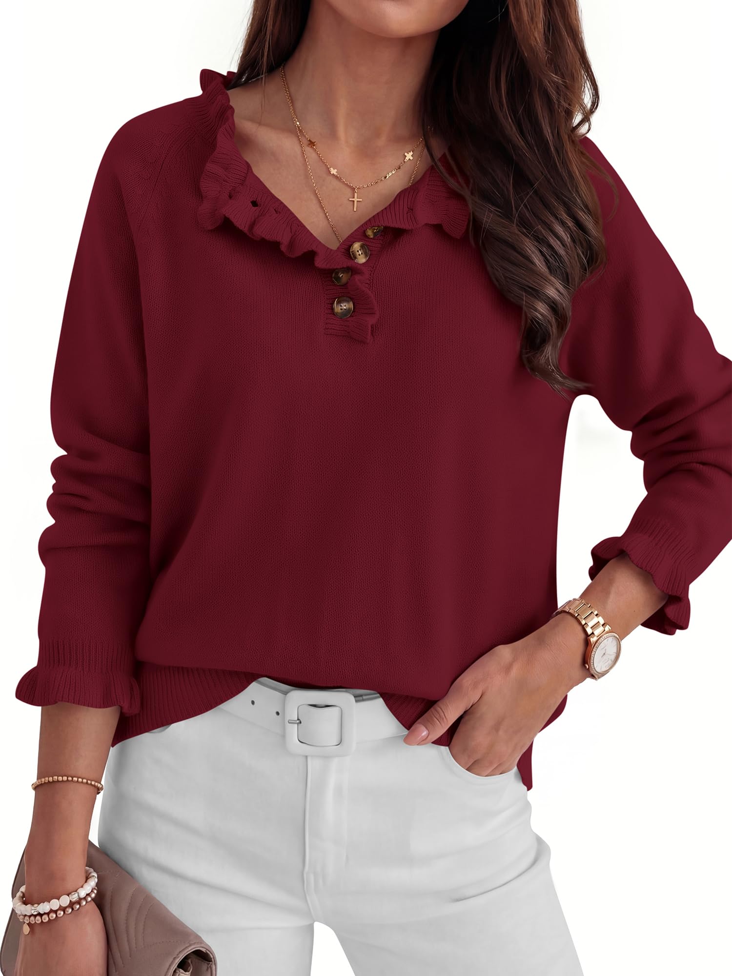 BTFBM Womens Sweaters Fall Winter Clothes Long Sleeve Button Down Ruffle Crew Neck Casual Knitted Pullover Tops