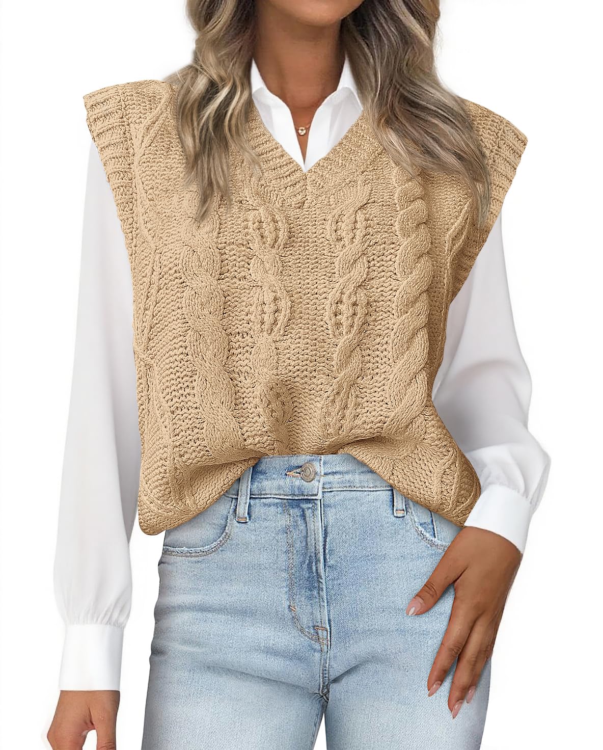 FreshPretty Sweater Vest Women Oversized V Neck Cable Knit Casual Pullover Sweaters Fall Outfits Sleeveless Tops