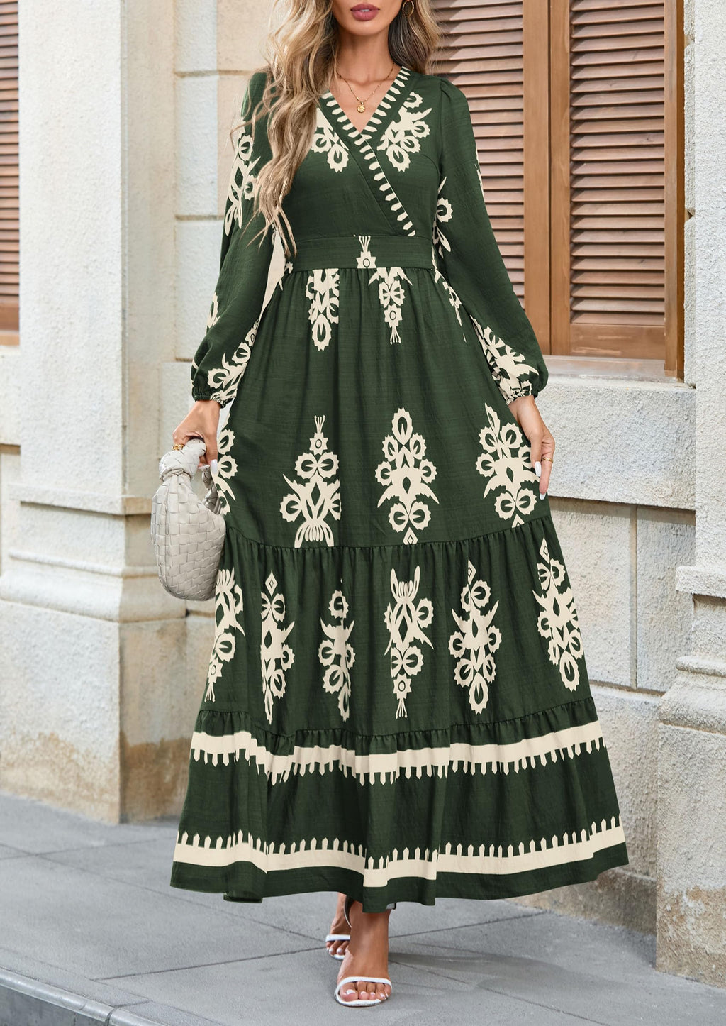 PRETTYGARDEN Women's Fall Wedding Guest Dresses Boho Floral Long Sleeve V Neck Flowy Elegant Maxi Dress Beach Clothes
