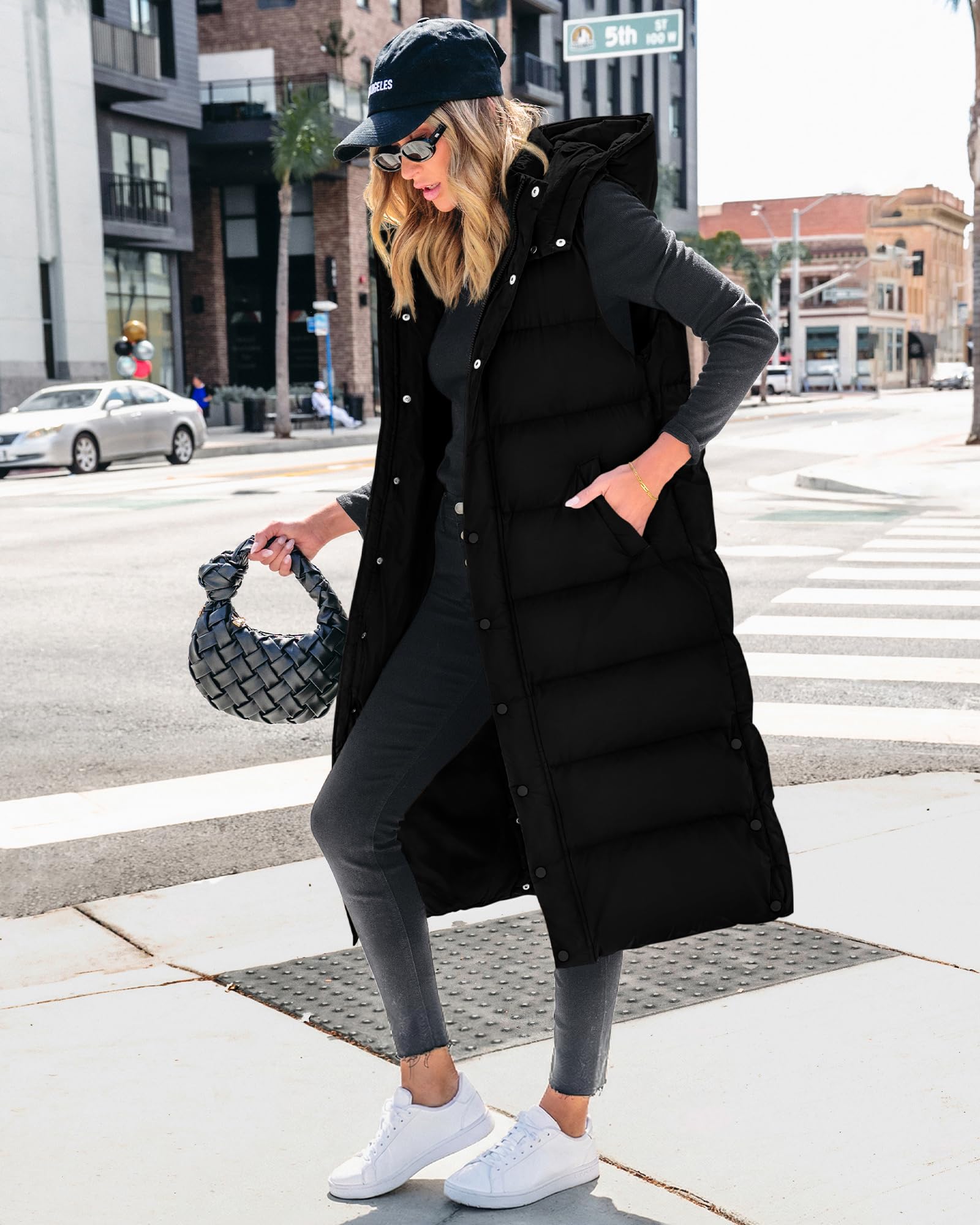 BTFBM Long Puffer Vest Women Quilted Hooded Button Down Zip Up Sleeveless Vests Outerwear Padded Jacket Fall Winter Coat