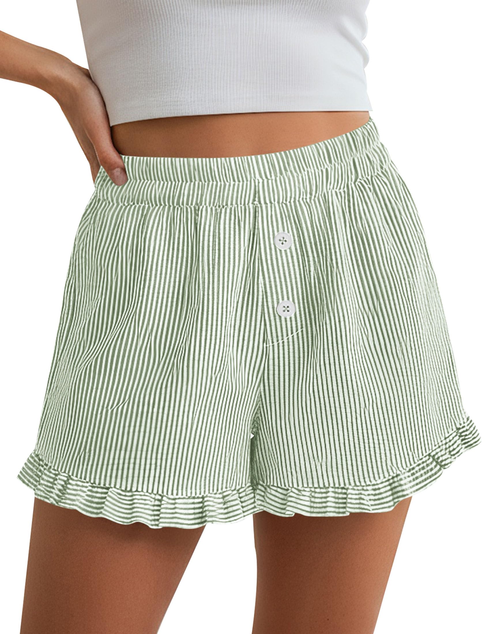 PRETTYGARDEN Womens Boxer Shorts Y2K Ruffle Pajama Summer Spring Lounge Sleep Striped Casual Beach Pj Bottoms Pockets