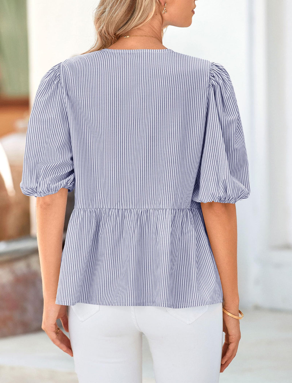 PRETTYGARDEN Women's Tie Front Striped Shirt Summer Trendy Fashion Cute Babydoll Tops Peplum Puffy Sleeve Blouse