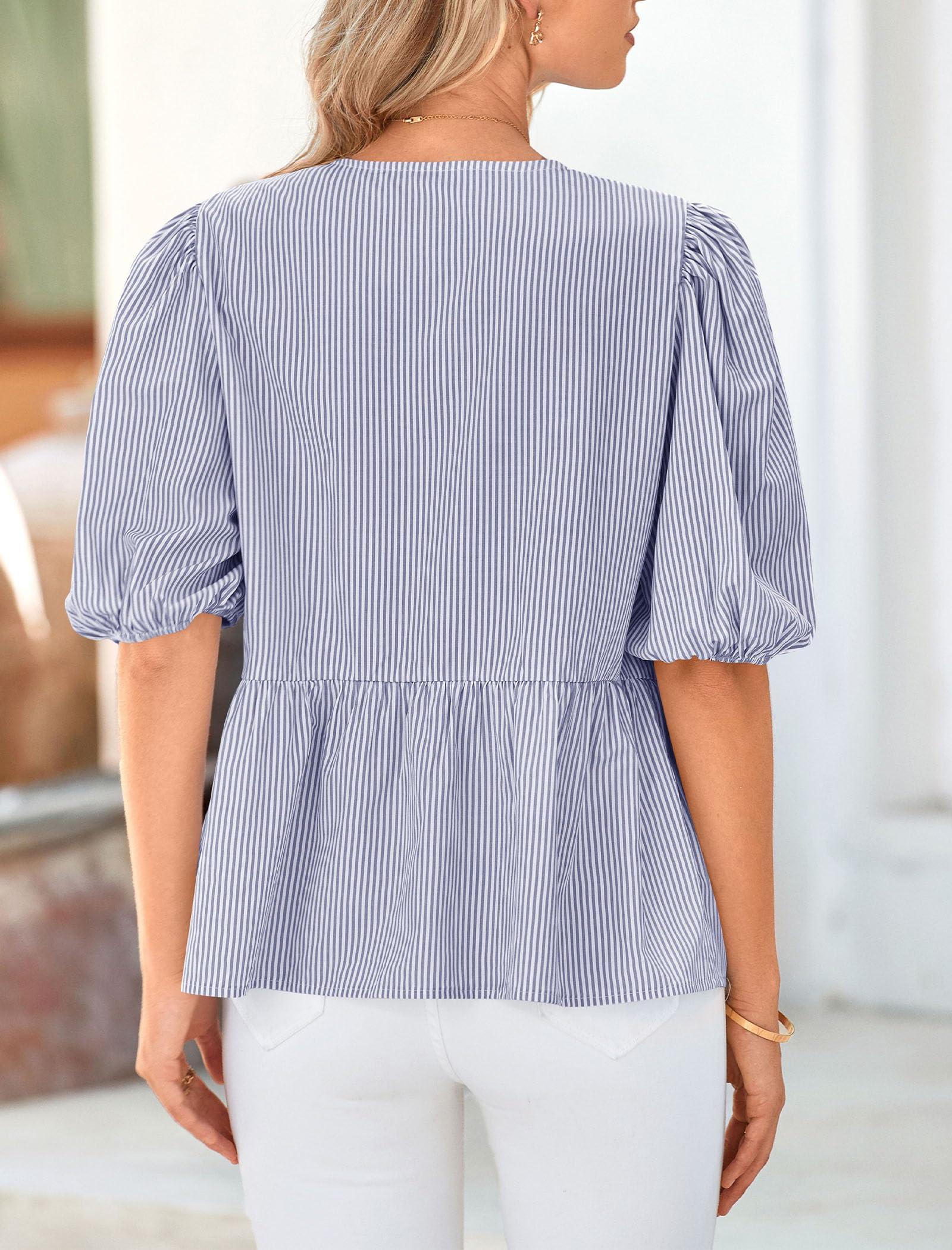 PRETTYGARDEN Women's Tie Front Striped Shirt Summer Trendy Fashion Cute Babydoll Tops Peplum Puffy Sleeve Blouse