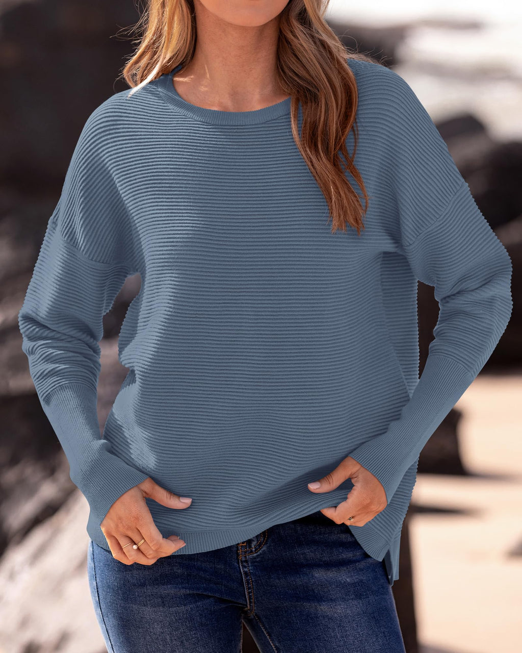 FreshPrettyFall Sweaters for Women Casual Long Sleeve Sweater Striped Loose Fit Pullover Tops