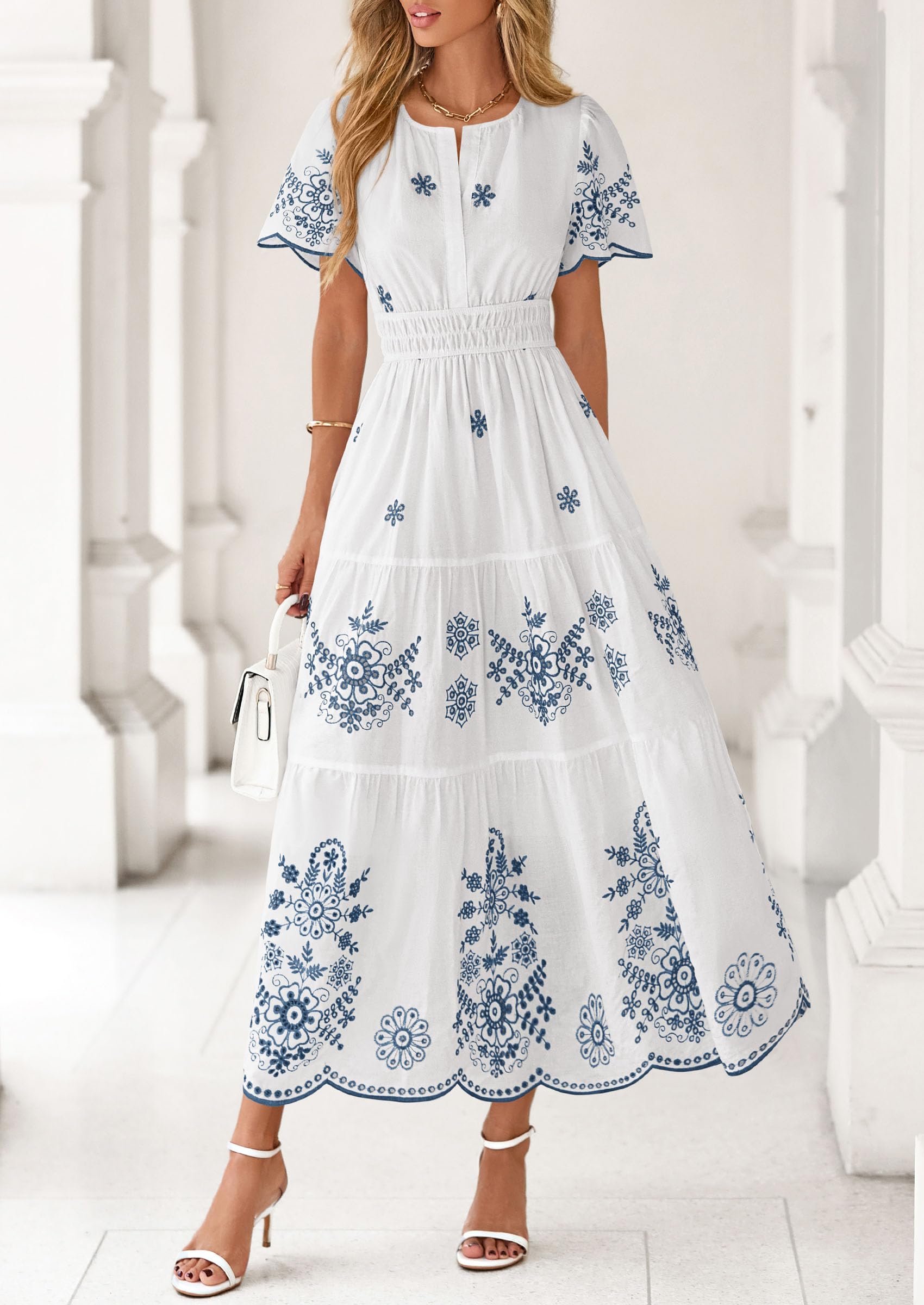 PRETTYGARDEN Boho Dresses for Women Summer Spring Casual Floral Short Sleeve V Neck Maxi Elastic Waist Dress Pockets