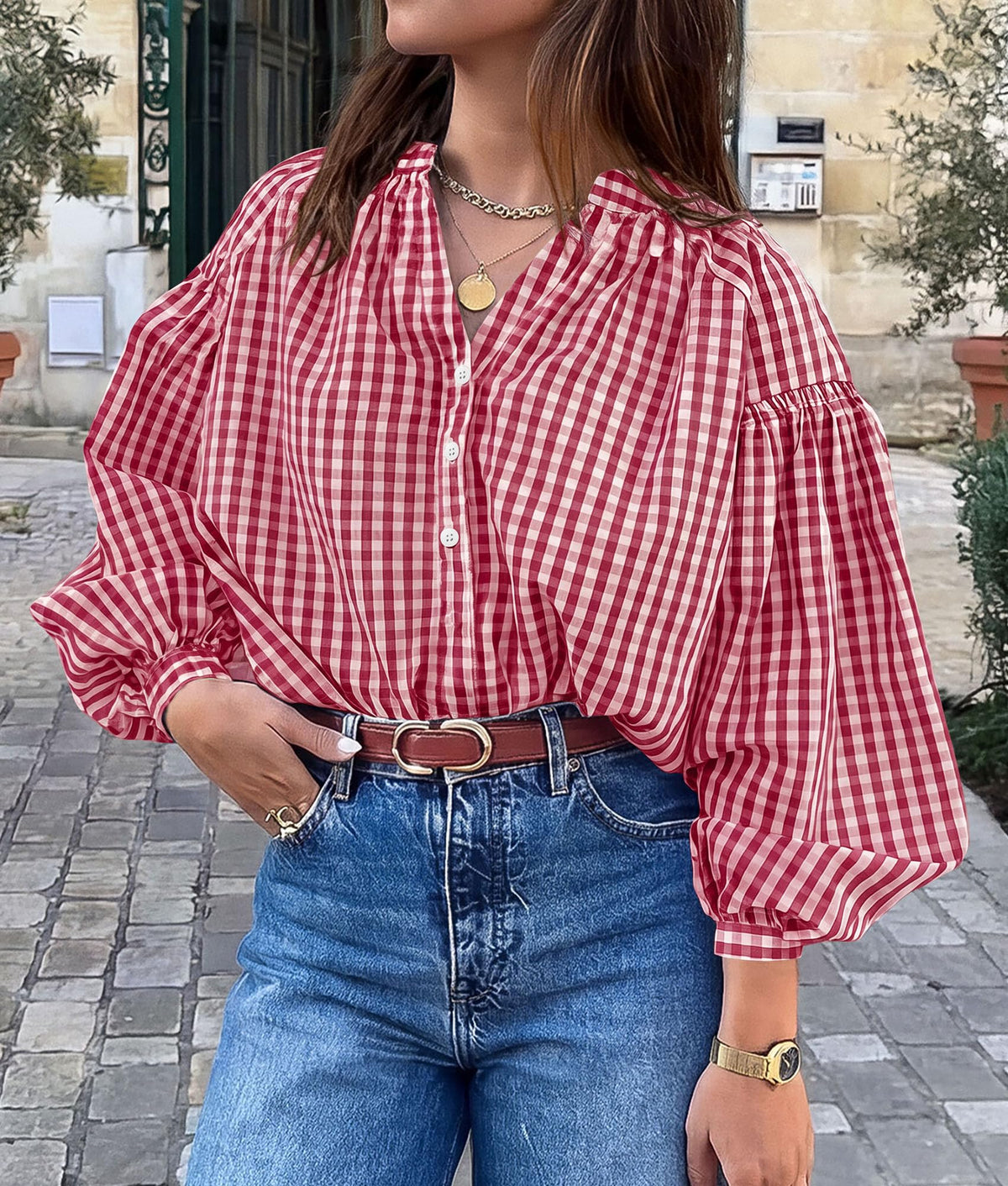 PRETTYGARDEN Women Fall Plaid Long Puff Sleeve Shirts V Neck Casual Blouses Gingham Button Down Oversized, Pleated Drop Shoulder Cotton Tops, Dressy Casual, Work Vacation Travel, Fall Outfits Trendy