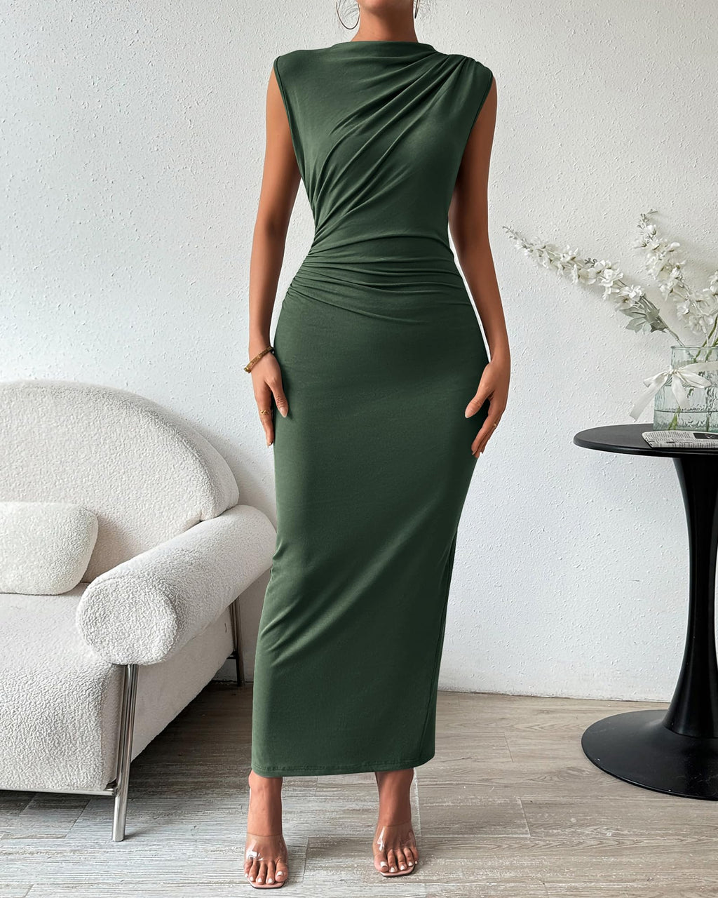 BTFBM Women's Ruched Bodycon Dress Summer Casual Sleeveless Lightweight Back Slit Elegant Club Party Cocktail Maxi Dresses