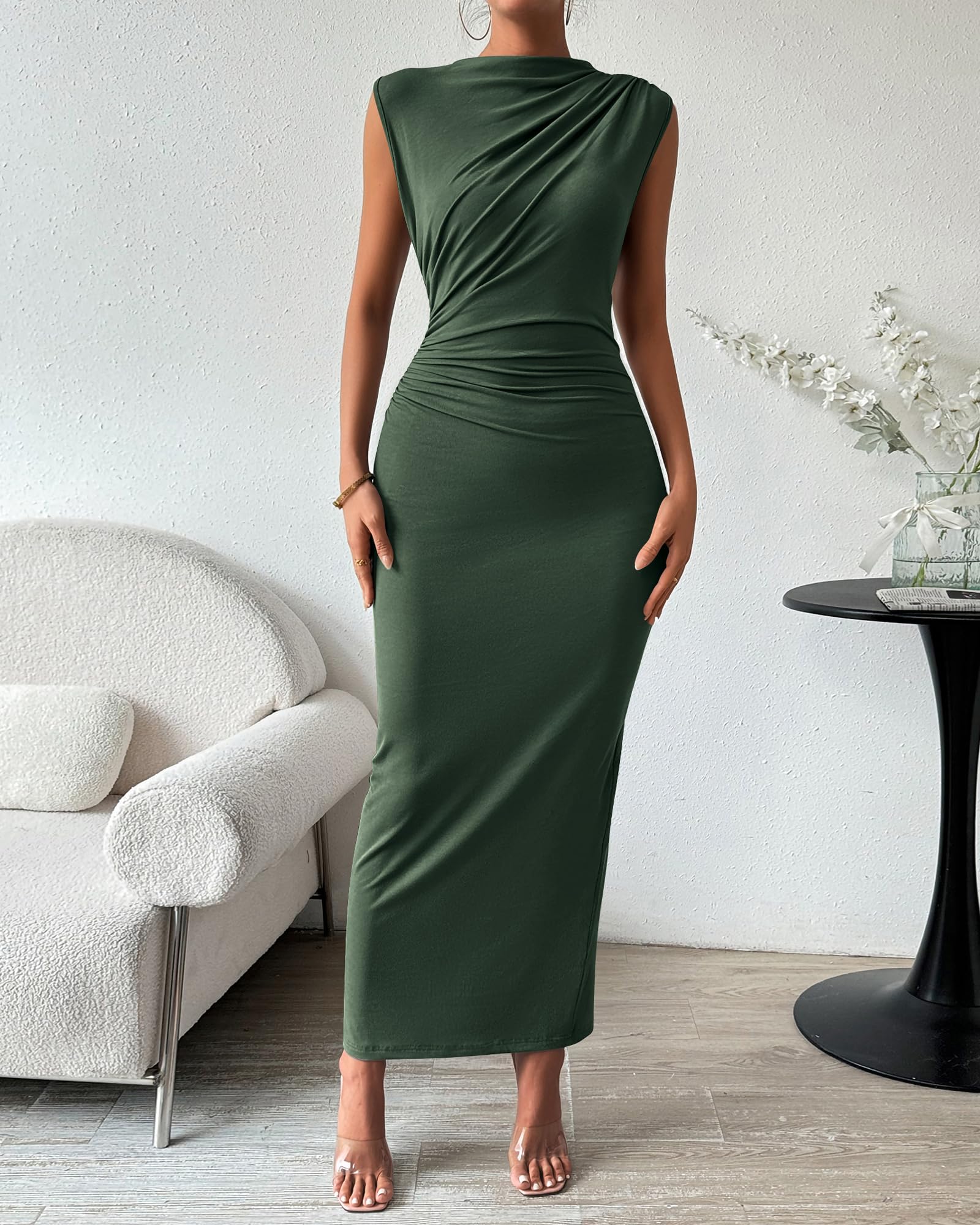 BTFBM Women's Ruched Bodycon Dress Summer Casual Sleeveless Lightweight Back Slit Elegant Club Party Cocktail Maxi Dresses