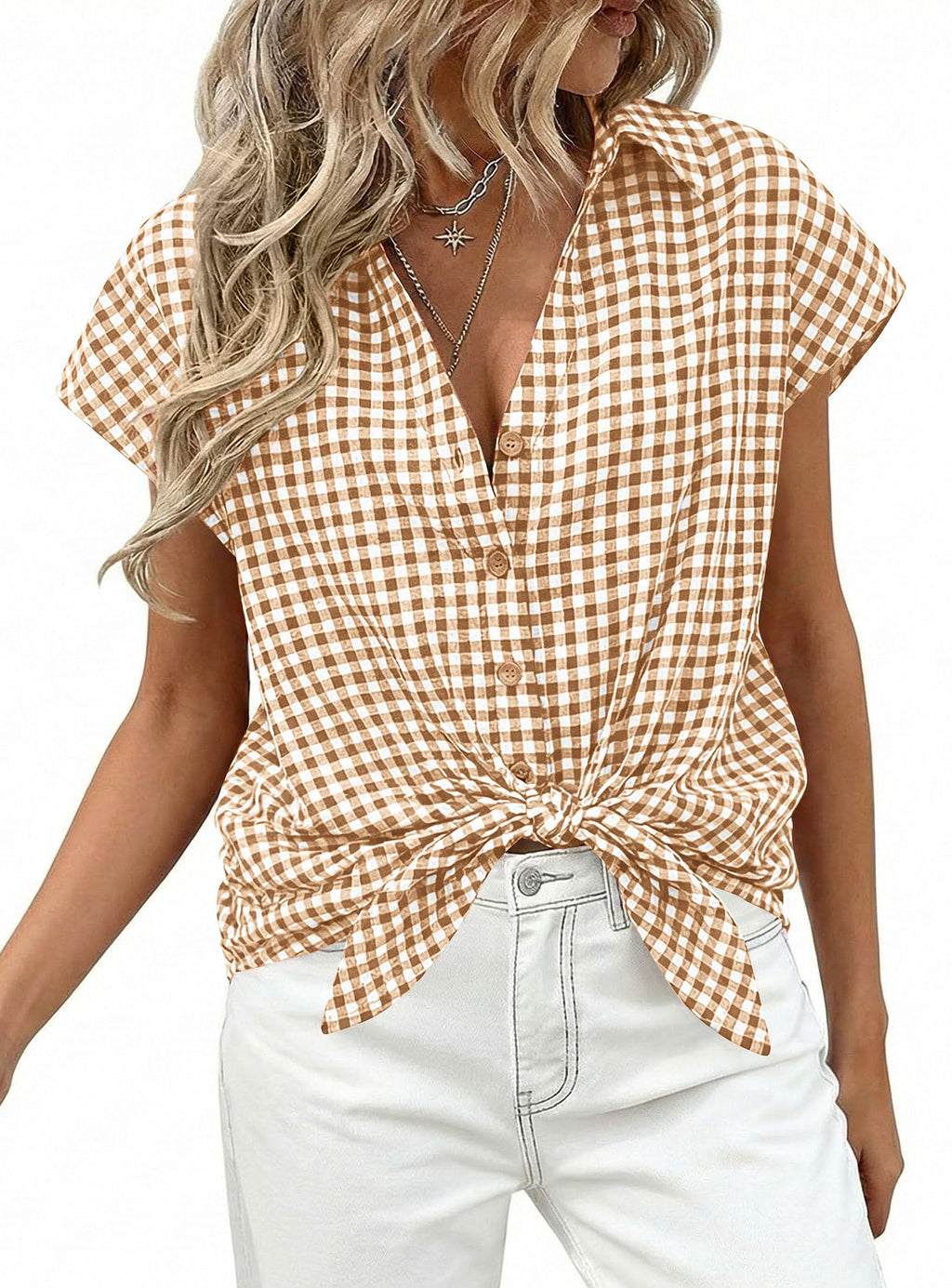 PRETTYGARDEN Womens Short Sleeve Shirts Plaid Button Down Blouse Dressy Casual Summer Spring Business Gingham Work Tops