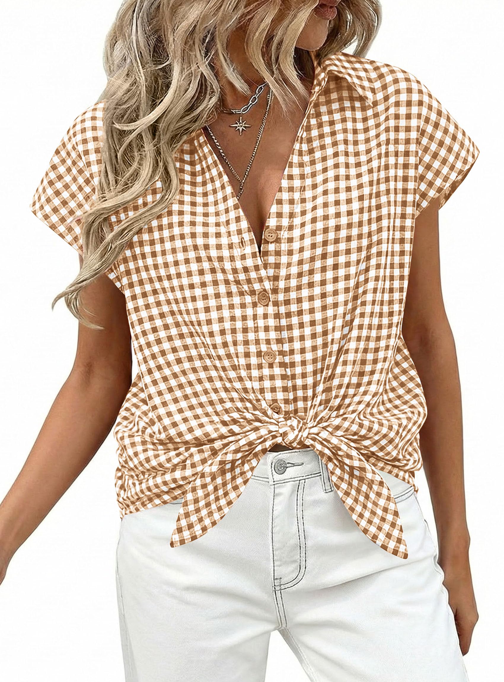 PRETTYGARDEN Womens Short Sleeve Shirts Plaid Button Down Blouse Dressy Casual Summer Spring Business Gingham Work Tops