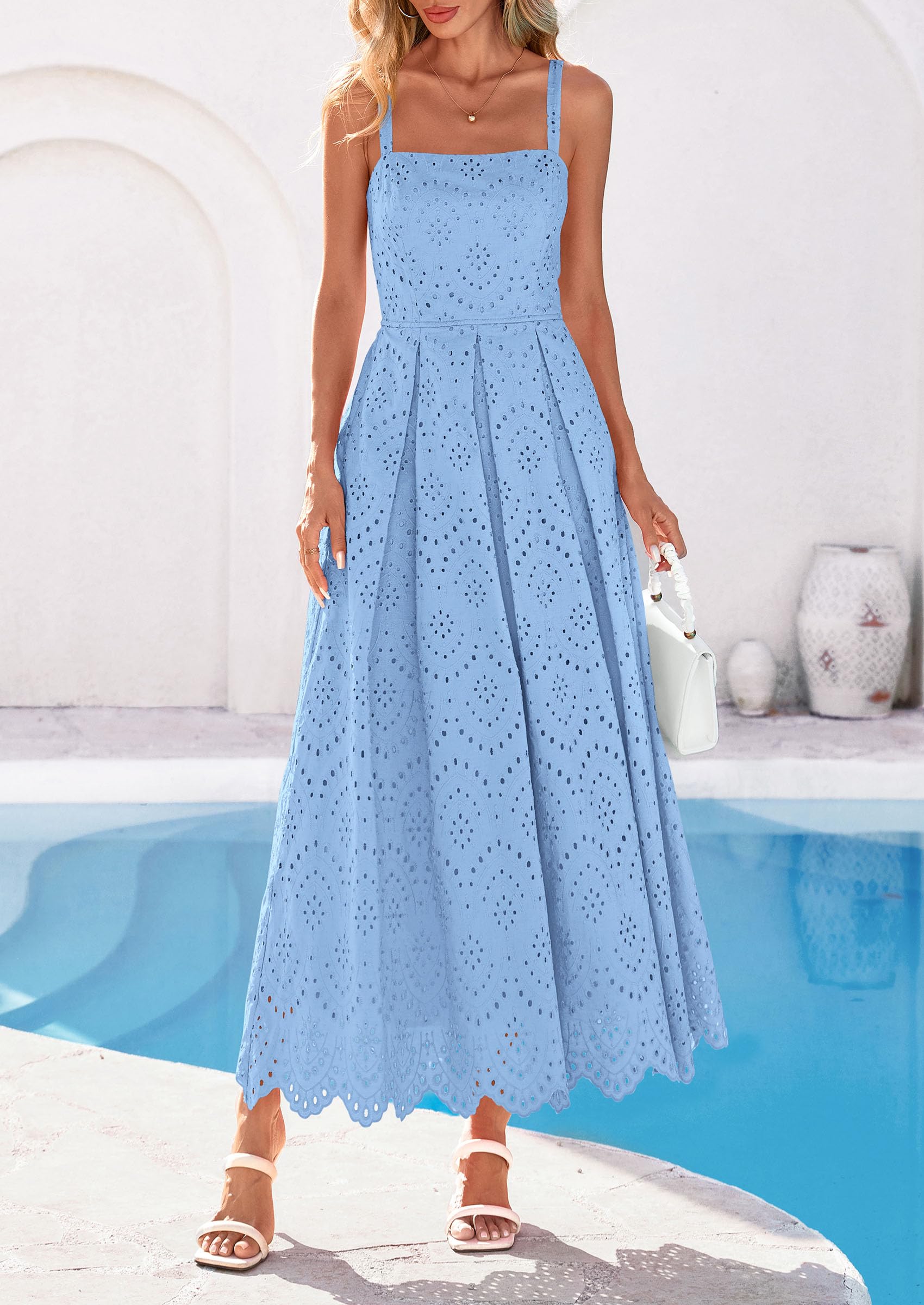 PRETTYGARDEN Womens Sleeveless Maxi Summer Dresses Hollow Out Eyelet Square Neck Ruffle Flowy Beach Vacation Sundress