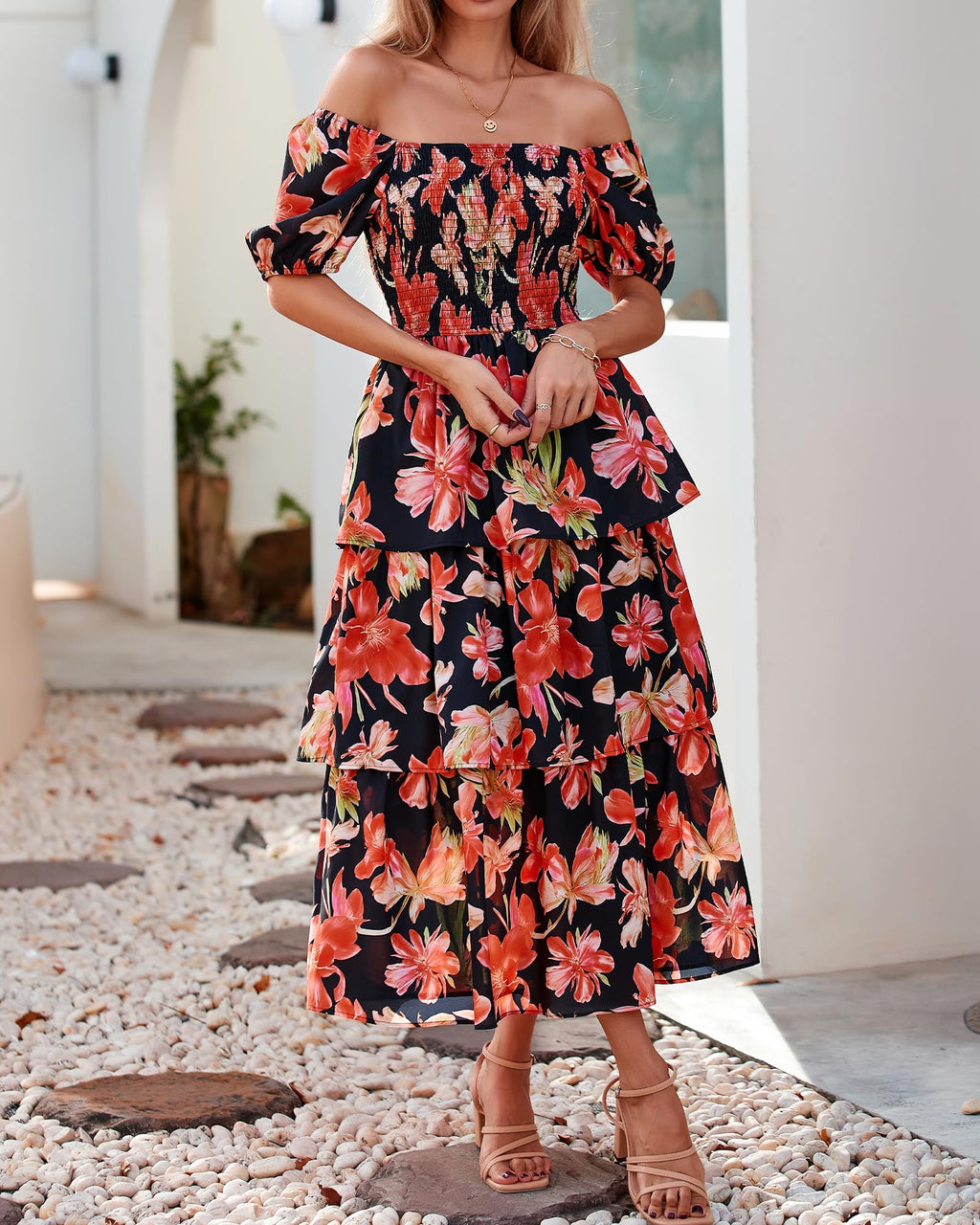 BTFBM Womens Square Neck Smocked Dress Summer Puff Short Sleeve Floral Casual Ruffle Tiered Maxi Wedding Guest Dresses