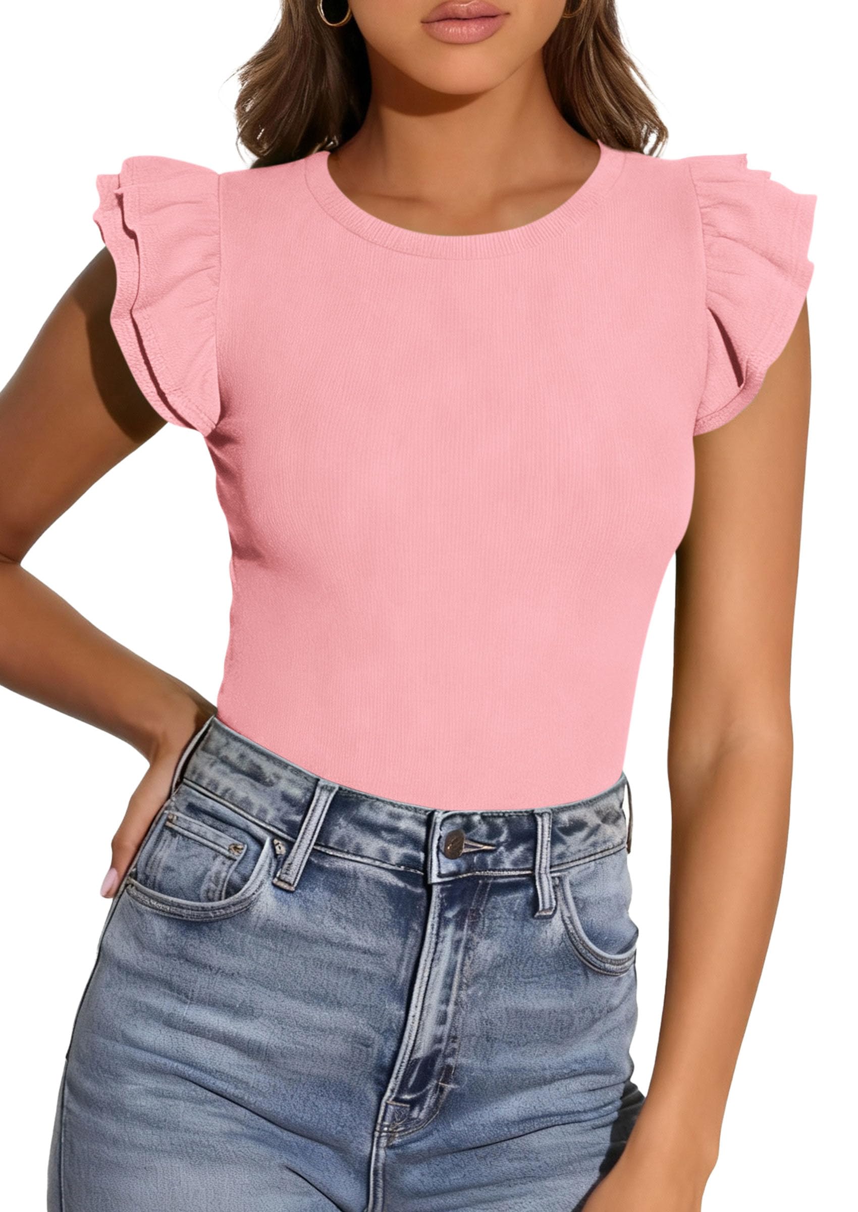 PRETTYGARDEN Womens Summer Crew Neck T Shirts Trendy Ruffle Sleeve Slim Fit Knit Going Out Tops Casual Spring Clothes