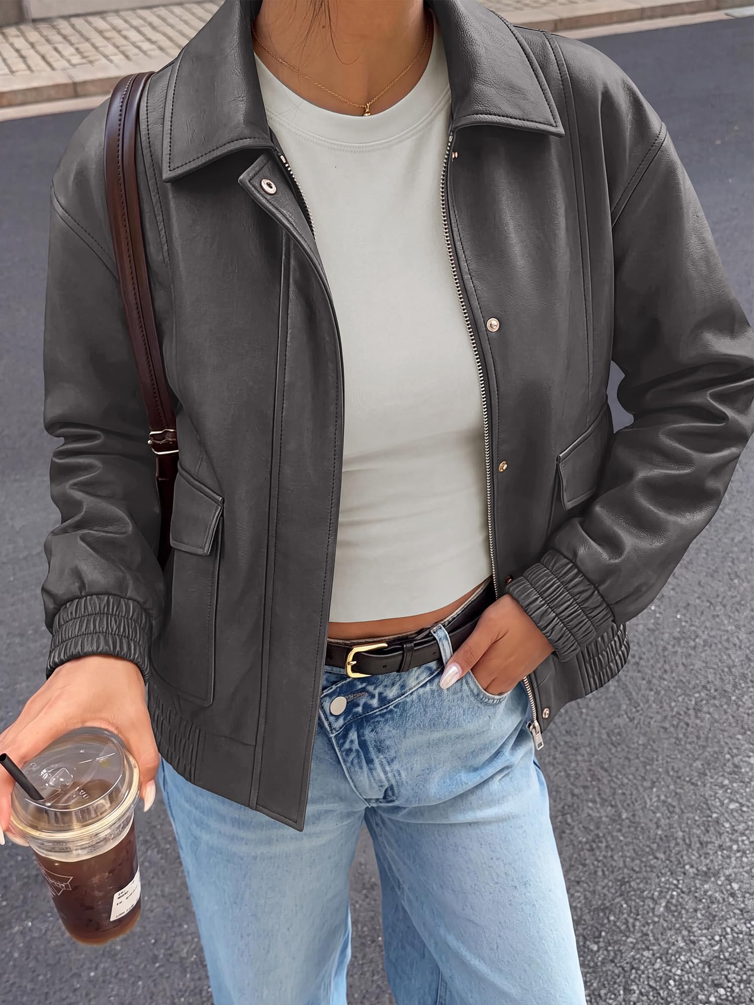 BTFBM Faux Leather Jacket Women Fall Clothes Long Sleeve, Bomber Jackets, Snaps, Pockets, Oversized, Zip Up Motorcycle Outerwear, Airport, Going Out Outfits, Winter Coat