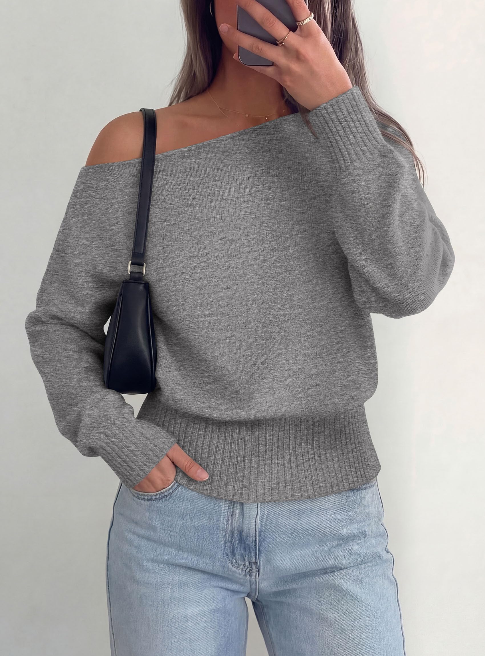 PRETTYGARDEN Womens Off The Shoulder Sweater Fall Fashion Soft Stretchy Knit Fabric, Batwing Long Sleeve Cinched Waist Cropped Sweaters, Date Night Outfit, Asymmetrical Going Out Tops