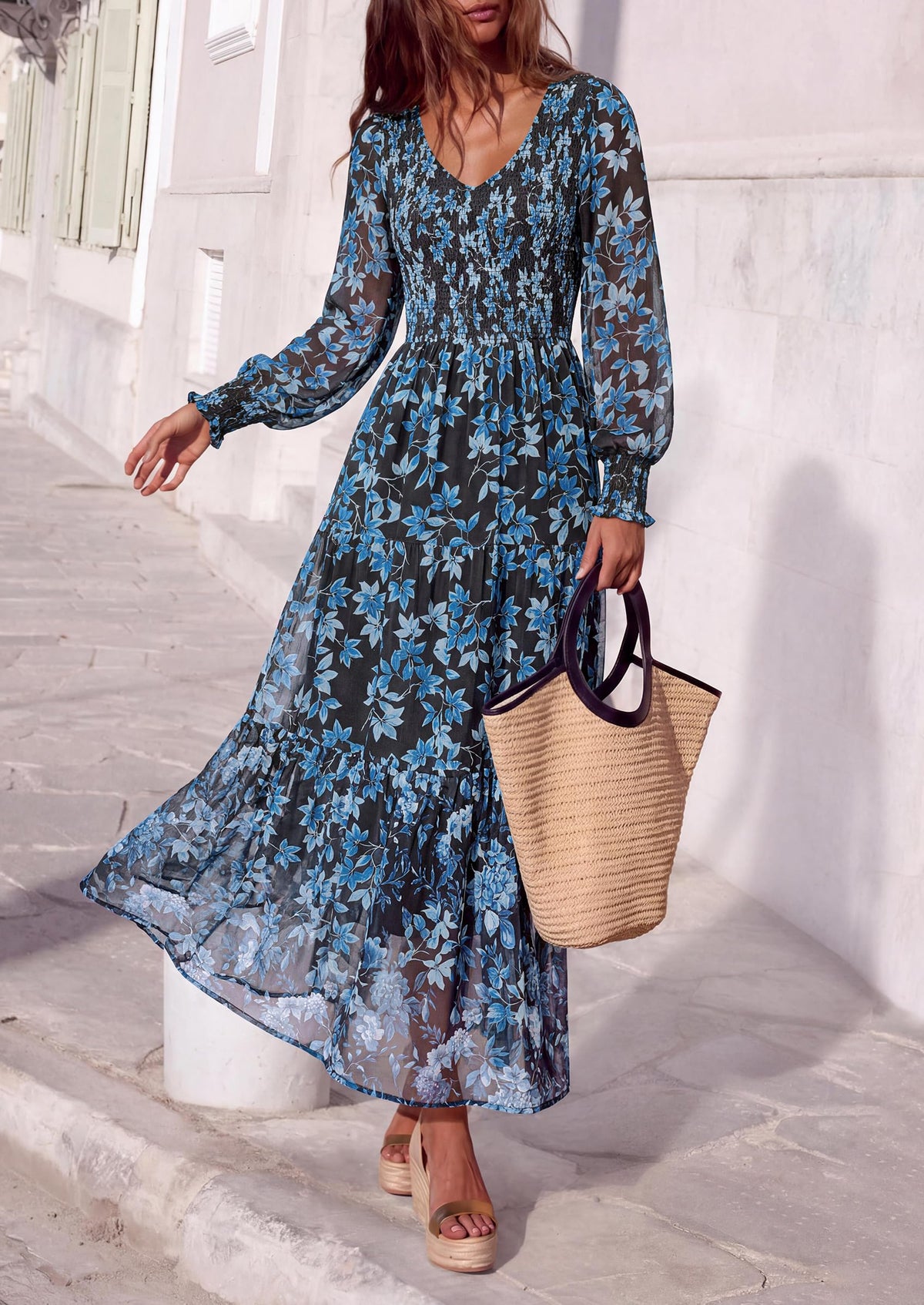 FreshPretty Womens Flroal Long Sleeve Dress Boho A Line Fall Maxi Dresses,Sheer Lantern Sleeve, Lined & Pockets, Smocked Front Back, High Waisted Flowy Long Dress, Tiered Fall Wedding Guest Dresses
