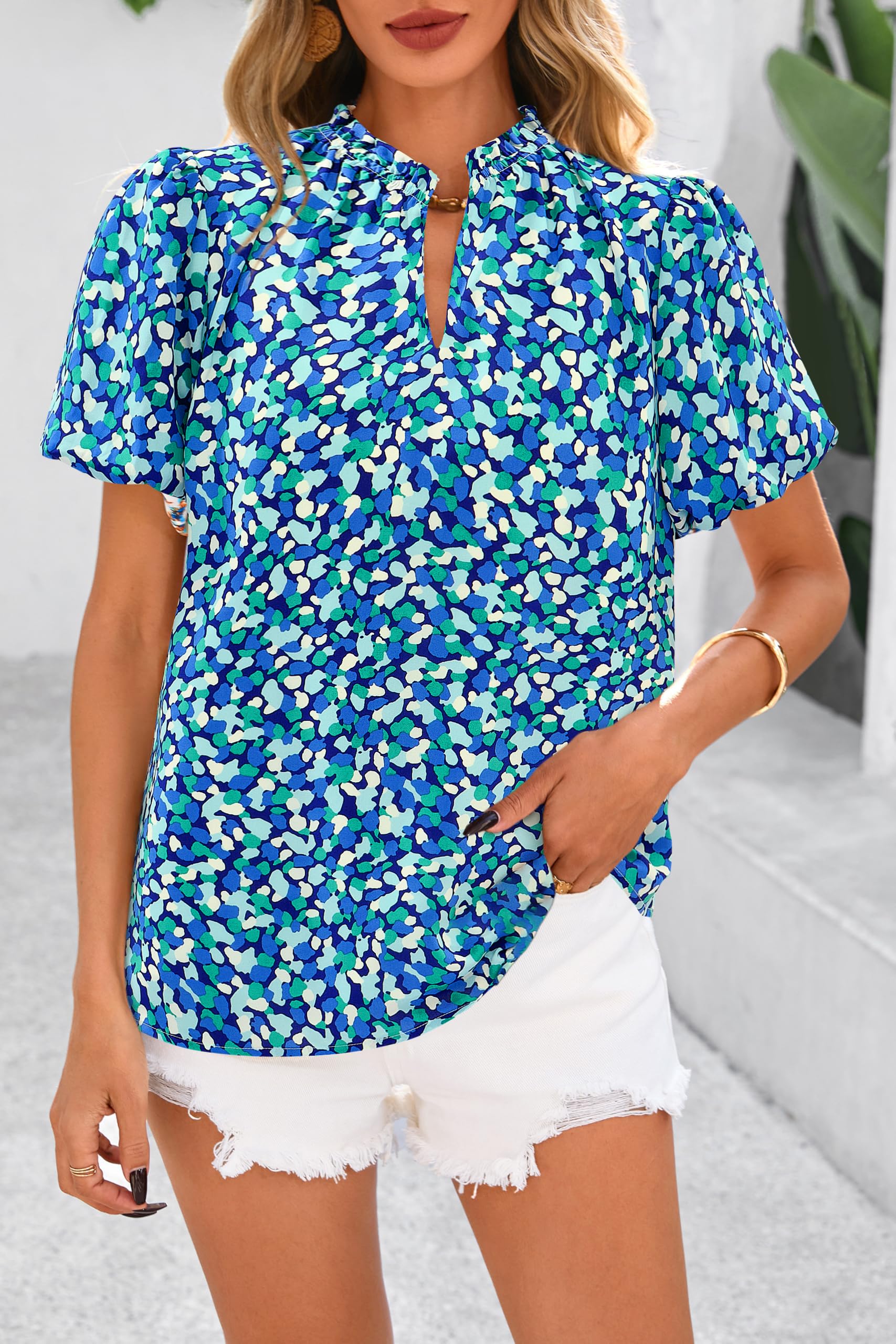 PRETTYGARDEN Boho Short Sleeve Floral Work Blouses for Women Dressy Casual V Neck Puff Sleeve Loose Chiffon Flowy Tops Shirts