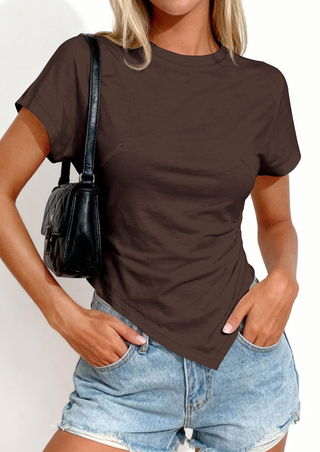 PRETTYGARDEN Womens Short Sleeve Crew Neck Trendy Shirts Spring Summer Y2K Going Out Tops Asymmetrical Ruched Blouse