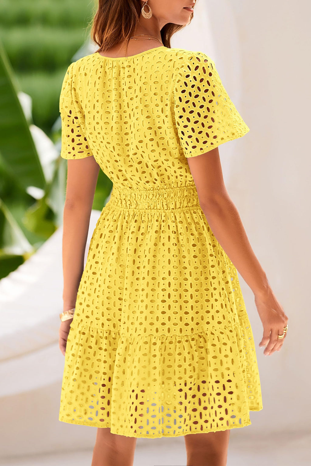PRETTYGARDEN Womens Summer Short Dress V Neck Short Sleeve A Line Hollow Out Lace Ruffle Cute Casual Beach Party Dresses