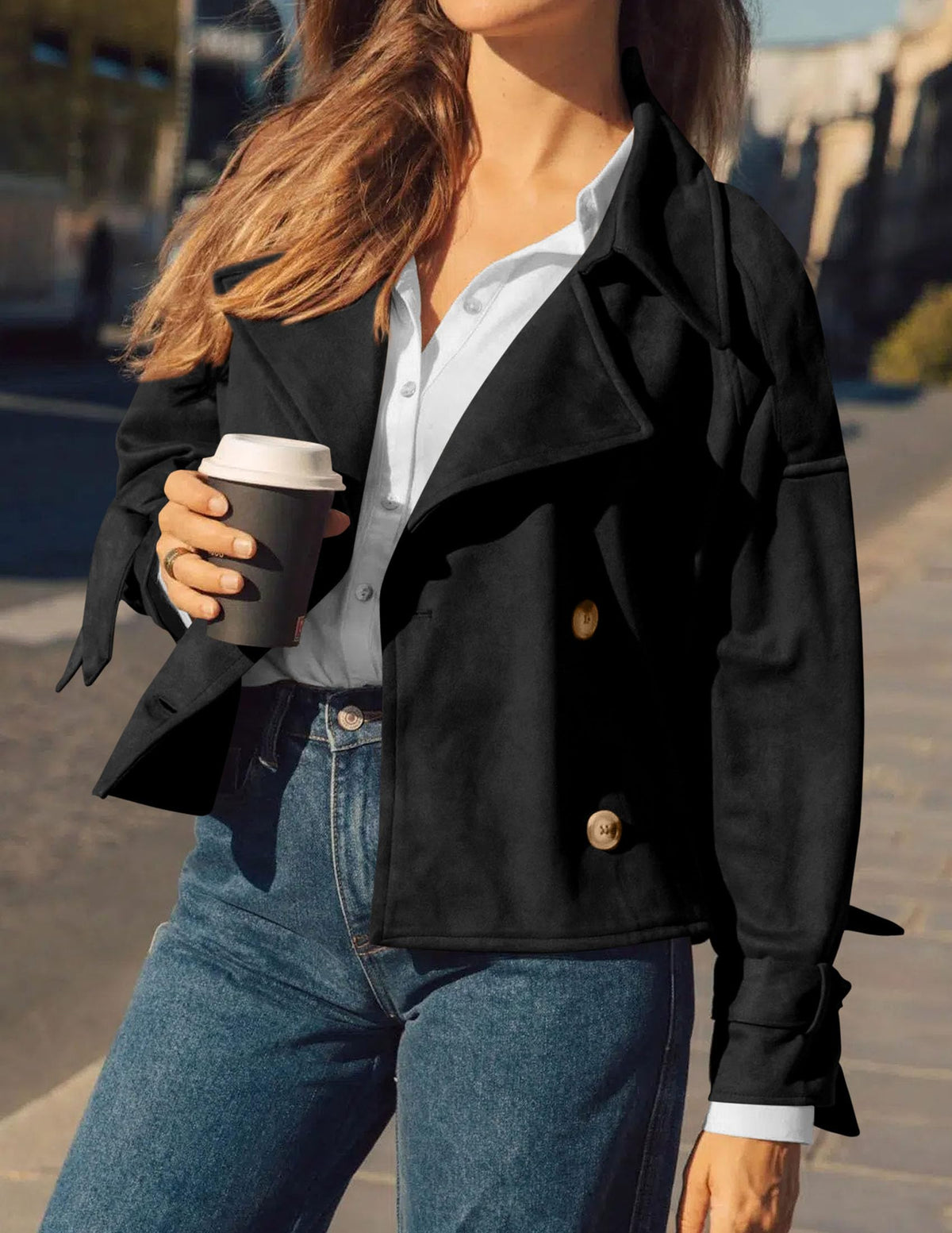 PRETTYGARDEN Women Faux Suede Double Breasted Trench Coat Cropped Jackets Raglan Long Sleeve,Lapel,Tie Cuff,Button Down,Fall Fashion Outerwear,Winter Clothes,Work Office Casual Short Jacket