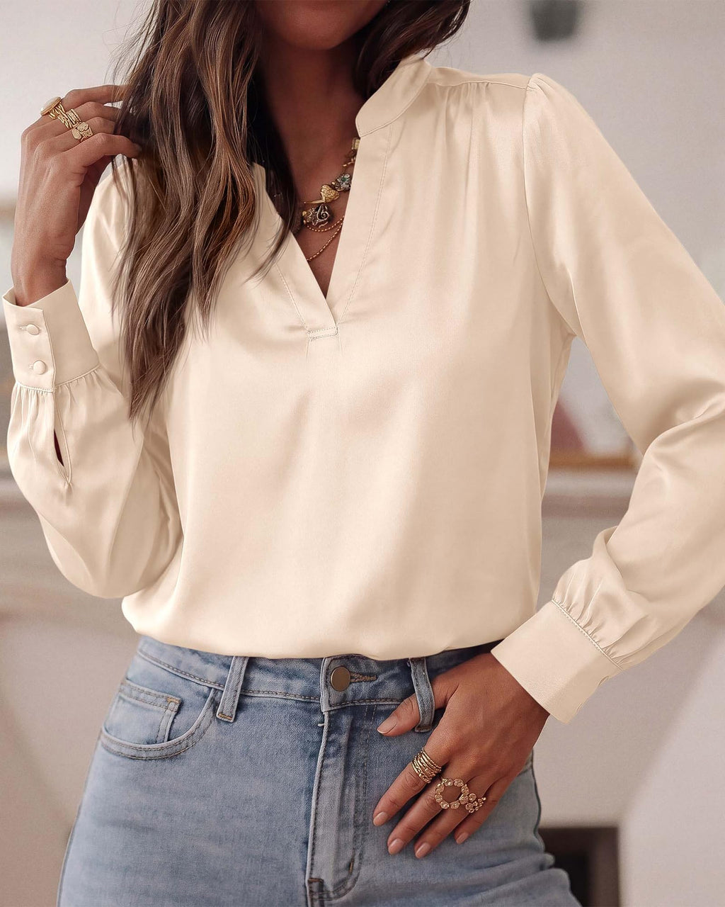 BTFBM Satin Blouses for Women Dressy Casual | Lightweight,V Neck,Long Sleeve Tops,Going Out Outfits,Fall Fashion Clothing