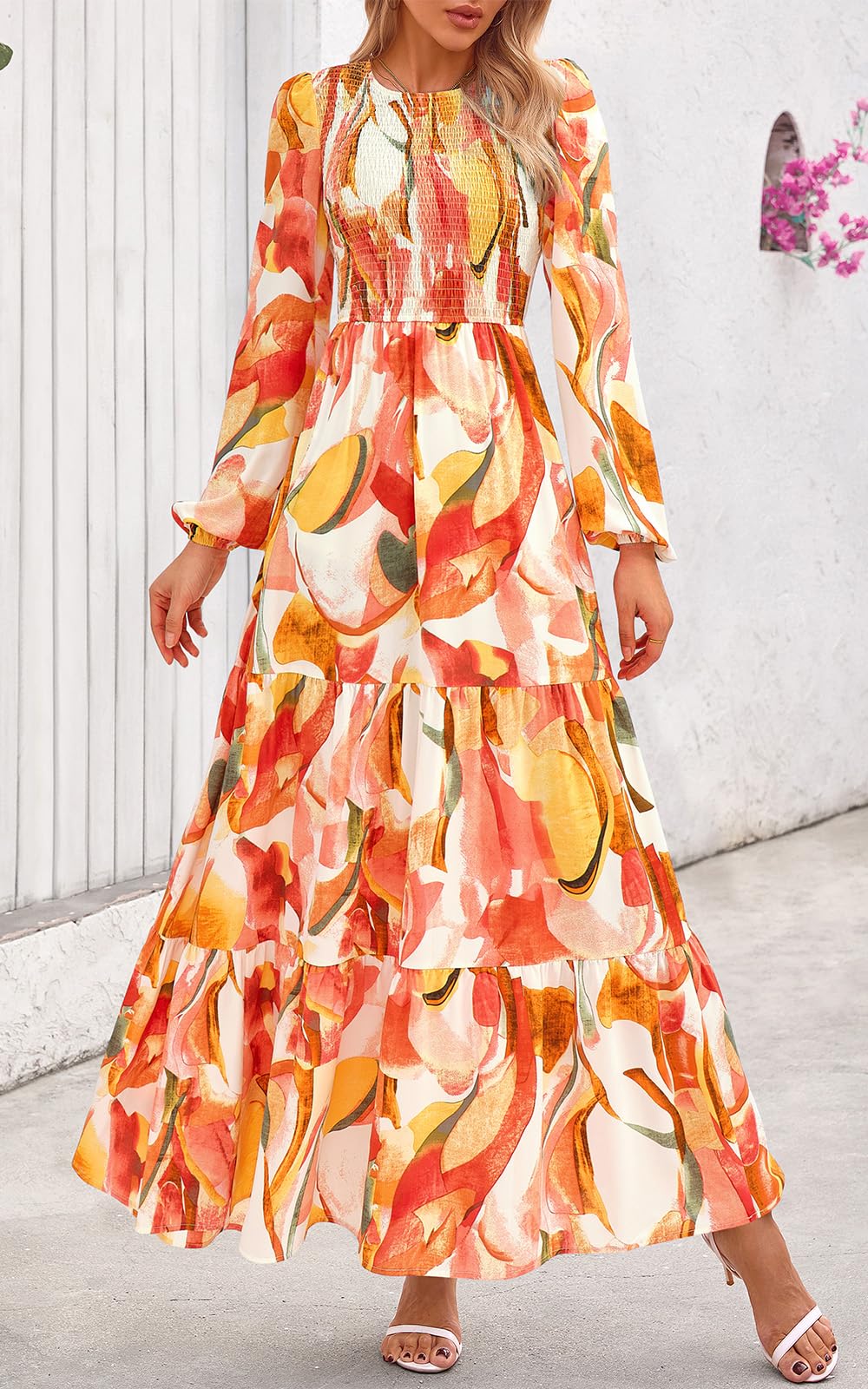 PRETTYGARDEN Women's Fall Dresses Long Sleeve Flowy Casual Floral Maxi Dress Crew Neck Smocked Tiered Long Dress