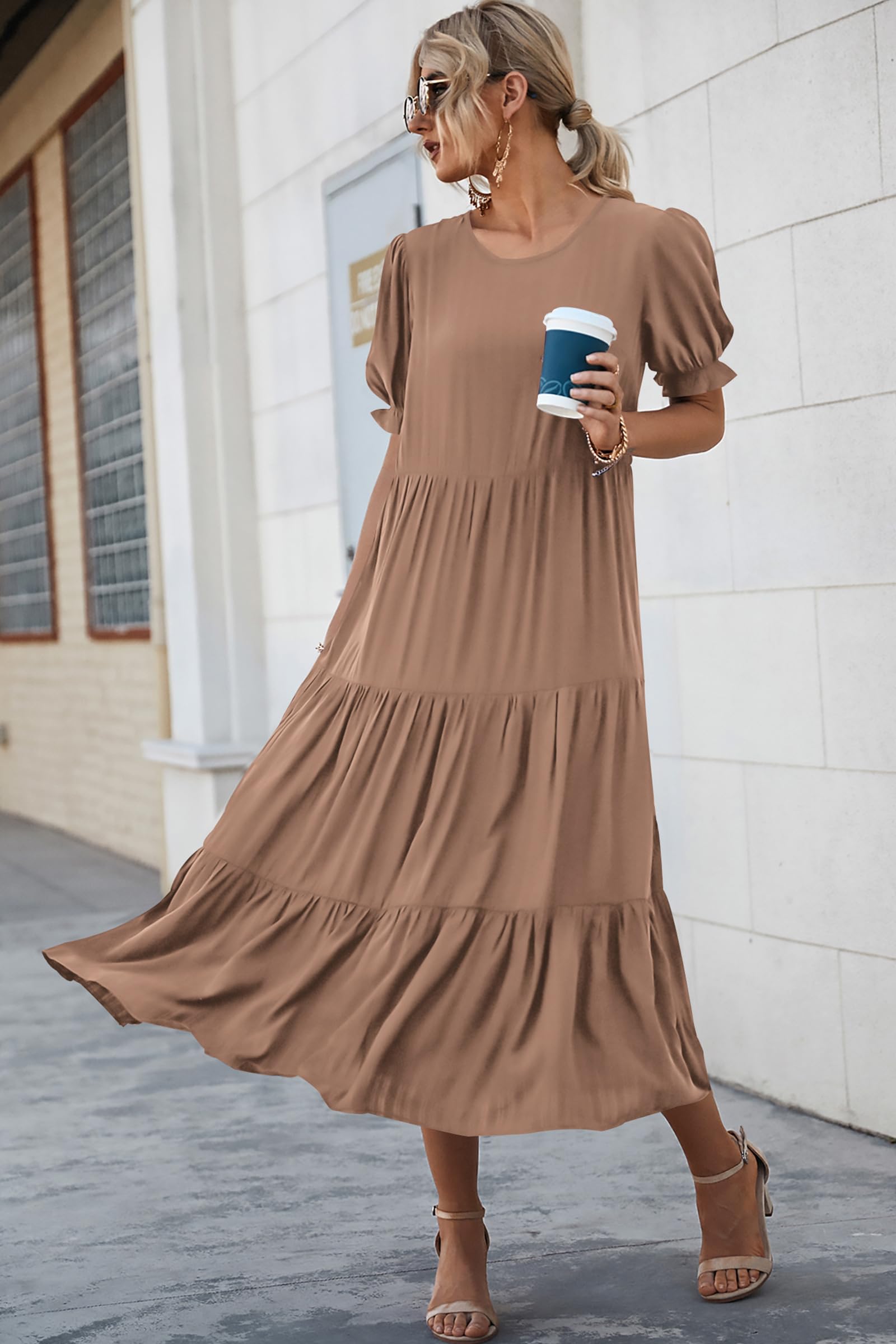 PRETTYGARDEN Summer Dresses for Women Casual Floral Boho Midi Sun Dress Puff Short Sleeve Flowy Beach Vacation Sundress