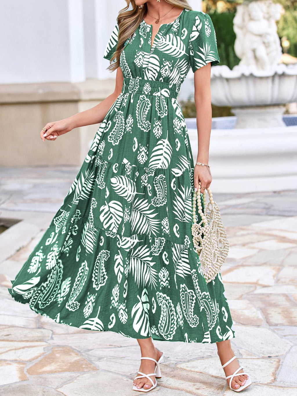 BTFBM Womens Summer Floral Maxi Dresses V Neck Short Sleeve Boho Casual Flowy Long Wedding Guest Dress Beach Vacation
