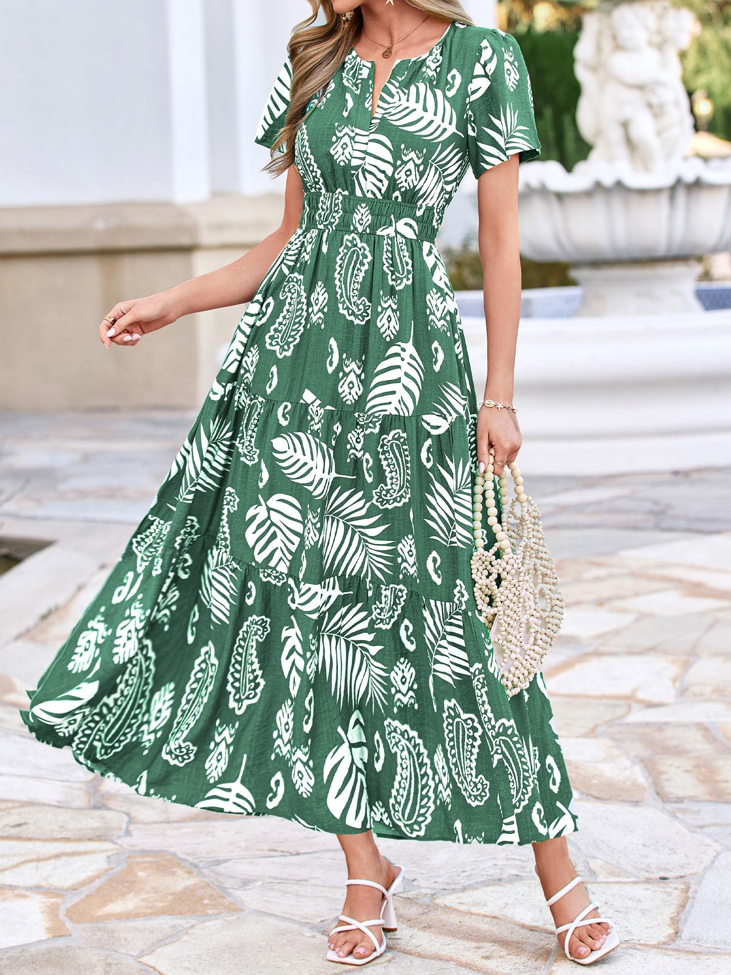 BTFBM Womens Summer Floral Maxi Dresses V Neck Short Sleeve Boho Casual Flowy Long Wedding Guest Dress Beach Vacation
