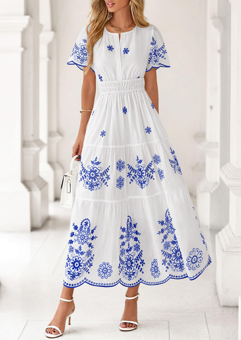 PRETTYGARDEN Boho Dresses for Women Summer Spring Casual Floral Short Sleeve V Neck Maxi Elastic Waist Dress Pockets