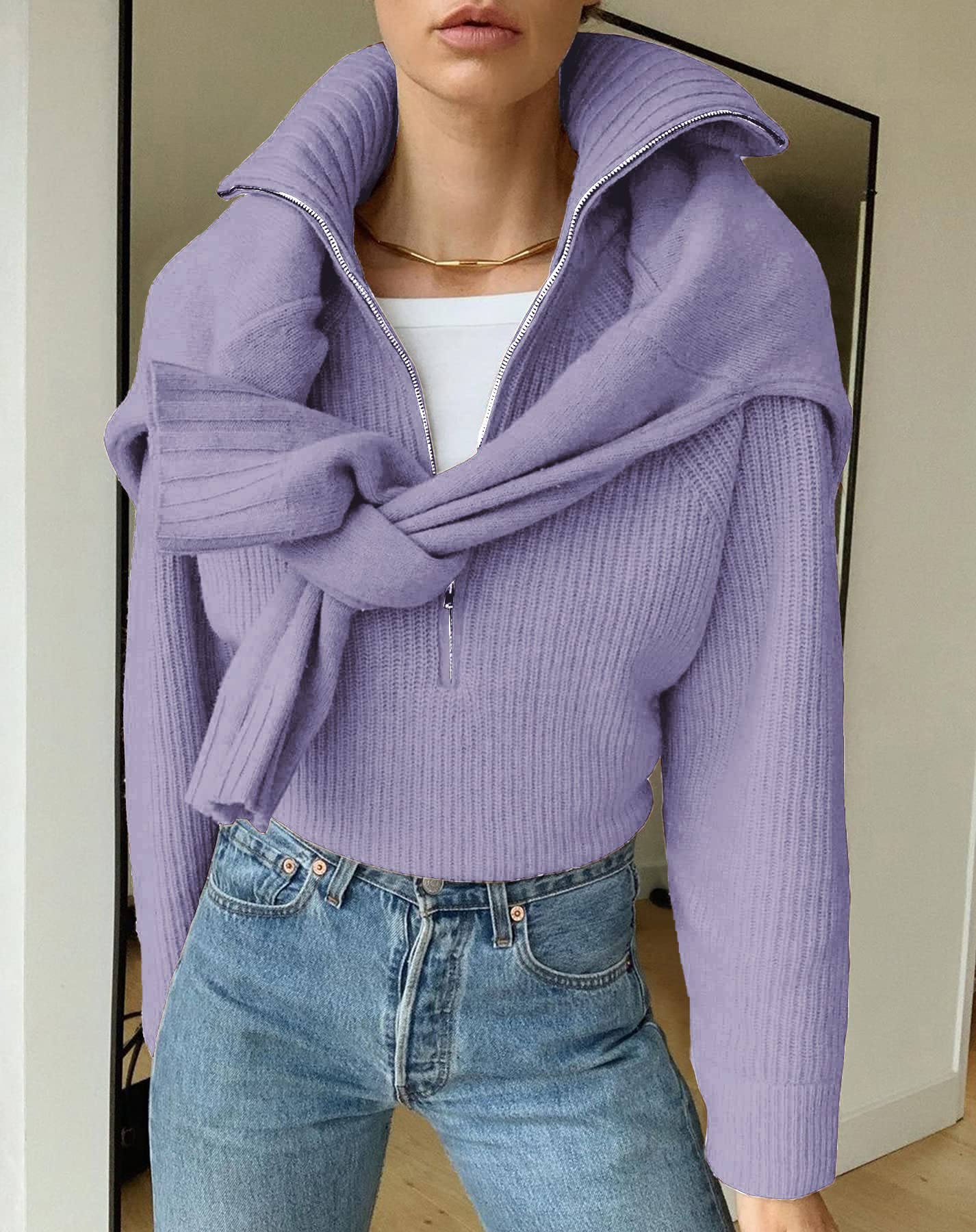 FreshPretty Womens Sweaters Quarter Zip Pullover V Neck Collar Long Sleeve Ribbed Knit Loose Casual Winter Fall Sweater