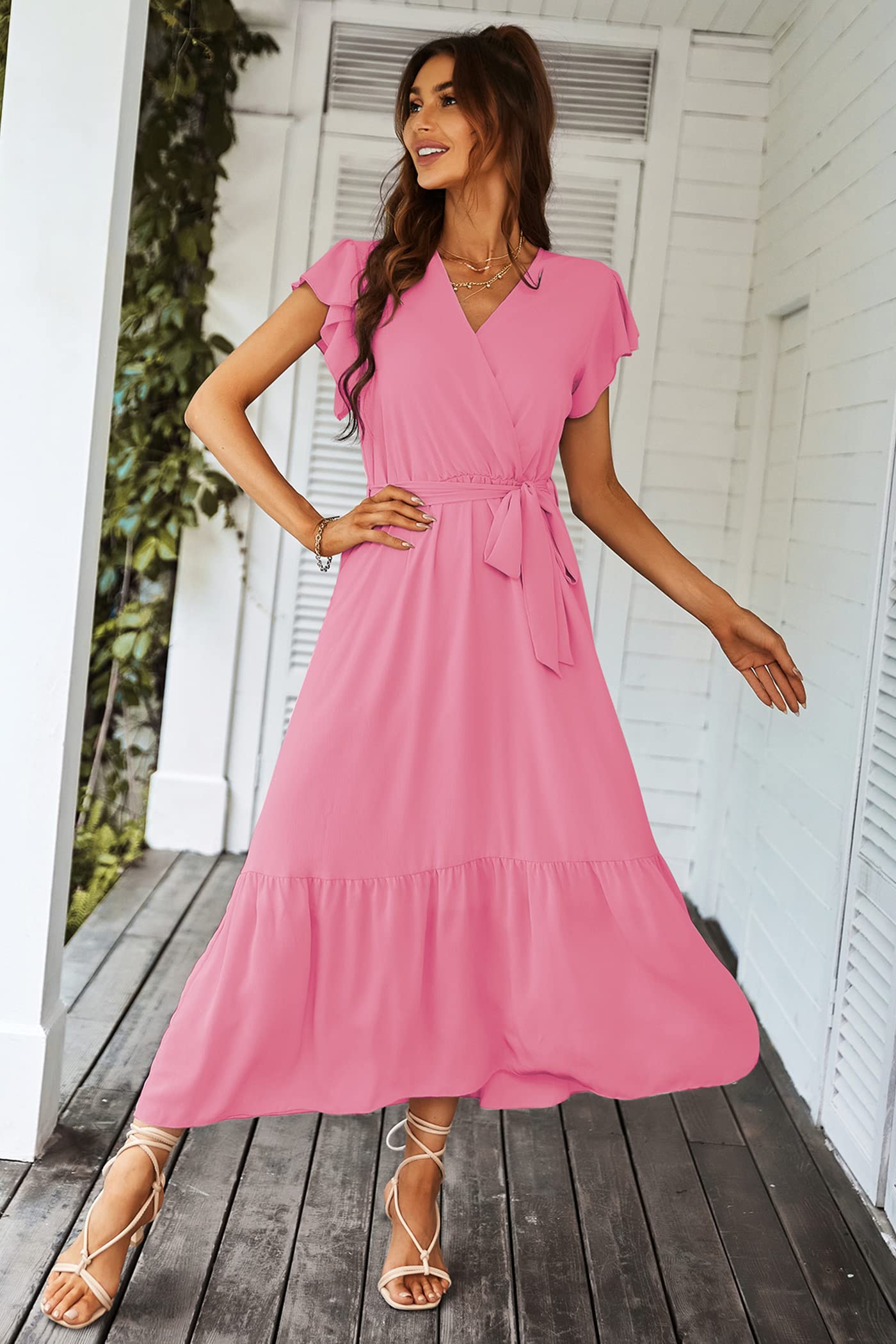 PRETTYGARDEN Women's Summer Floral Boho Maxi Dress Wrap Short Sleeve V Neck Ruffle A-Line Flowy Wedding Guest Long Dresses
