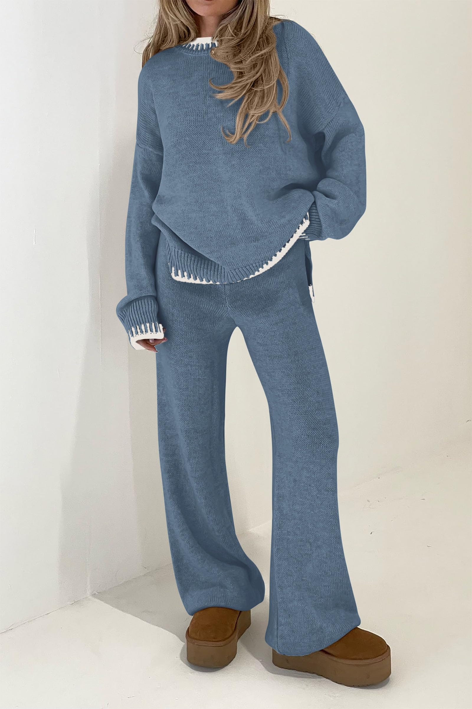 PRETTYGARDEN Women's 2 Piece Knit Sweater Outfit Casual Long Sleeve Pullover Wide Leg Pants Tracksuit Loungewear Set