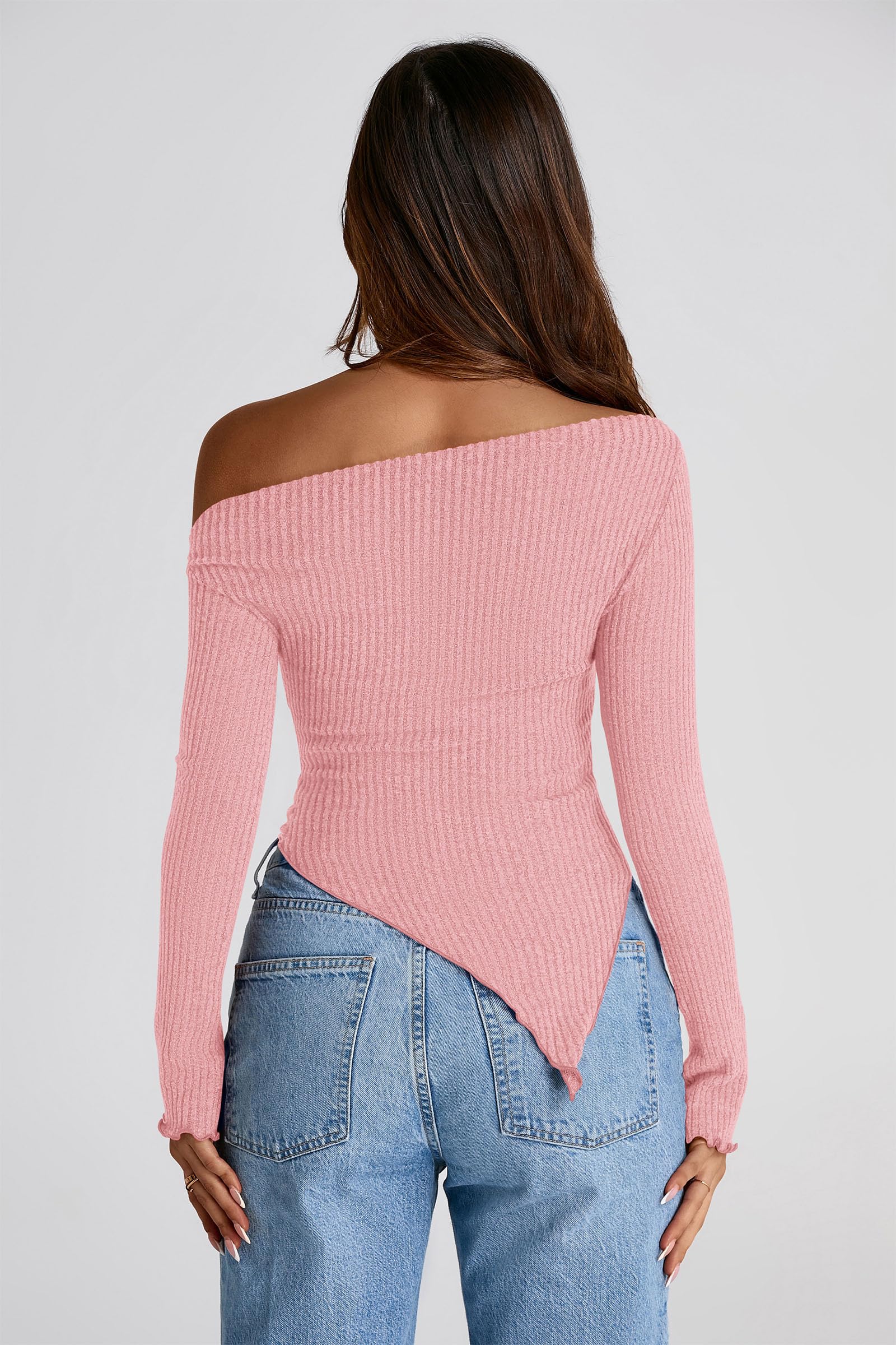 PRETTYGARDEN Women's Spring Long Sleeve Y2K Crop Top Trendy Off Shoulder Asymmetrical Fitted Knit Tee Shirts Going Out Tops