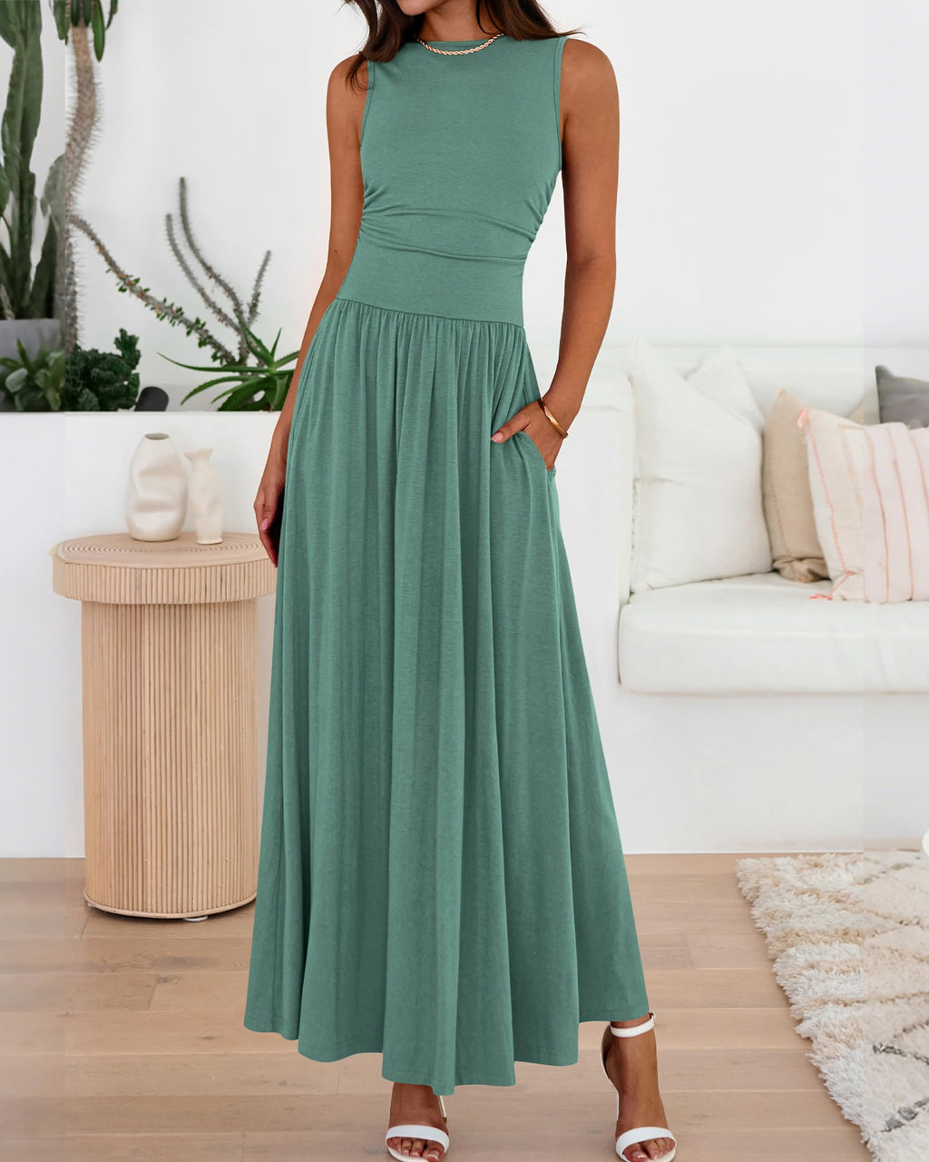 BTFBM Summer Maxi Dresses for Women Spring Sleeveless Casual Ruched High Waisted Long Sundress Flowy Beach Dress