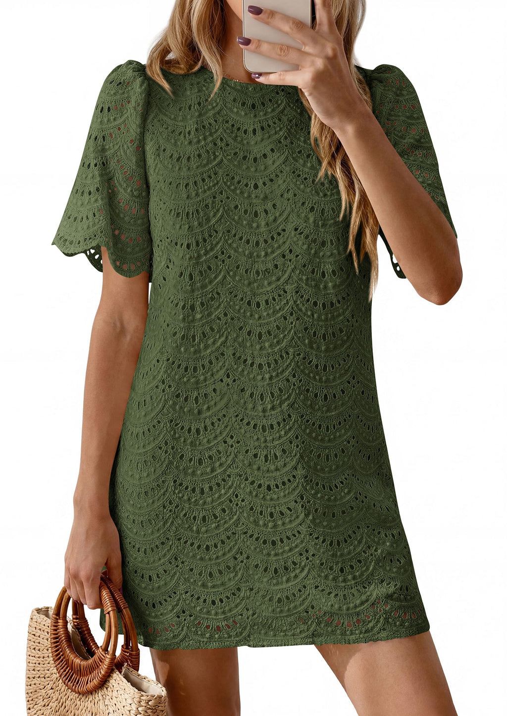 PRETTYGARDEN Women's Summer Casual Short Dresses Embroidered Lace Short Sleeve Boho Mini Dress Beach Vacation Clothes