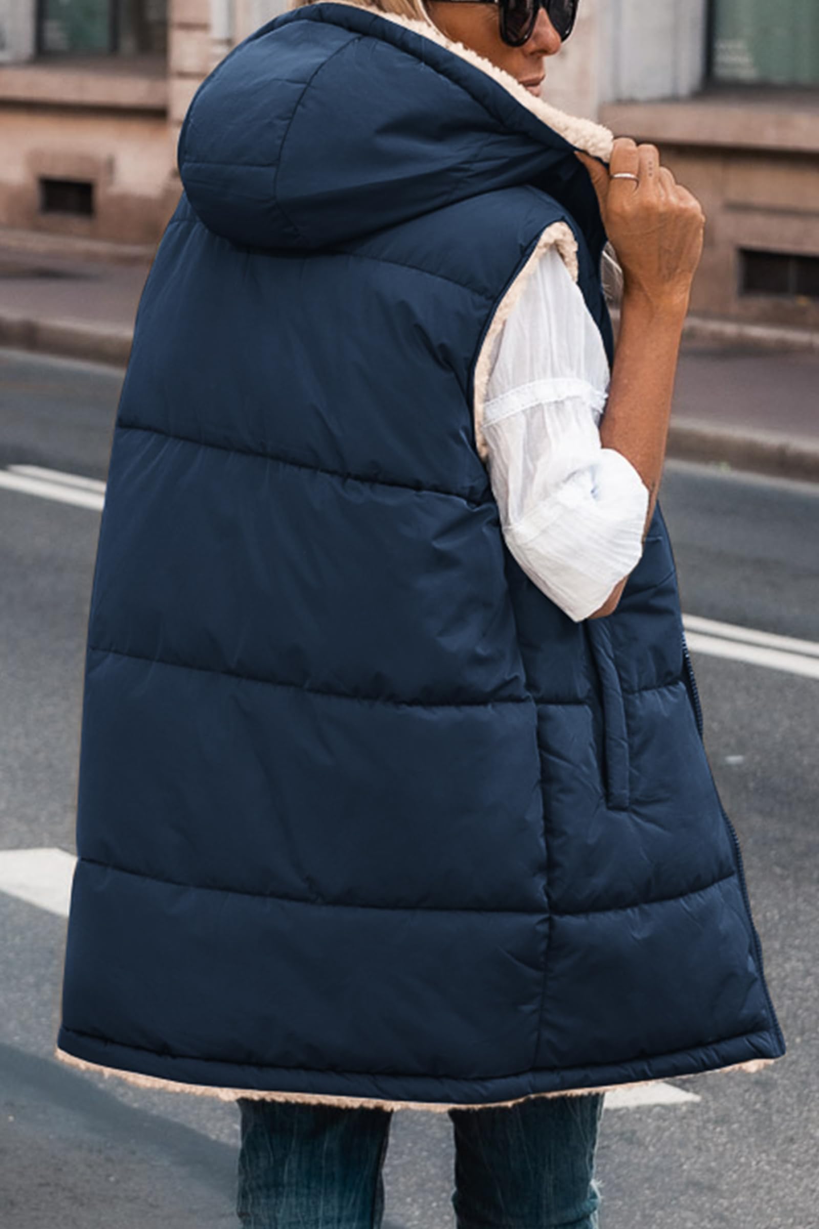 PRETTYGARDEN Womens Fall Reversible Long Vests Sleeveless Fleece Jacket Zip Up Hoodie Pockets Warm Coat Winter Clothing