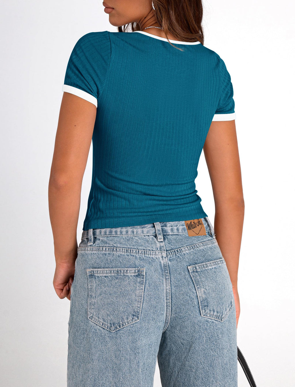 PRETTYGARDEN Women's Summer Short Sleeve T Shirts Ribbed Knit Square Neck Color Block Slim Fit Basic Casual Crop Tops Blouses