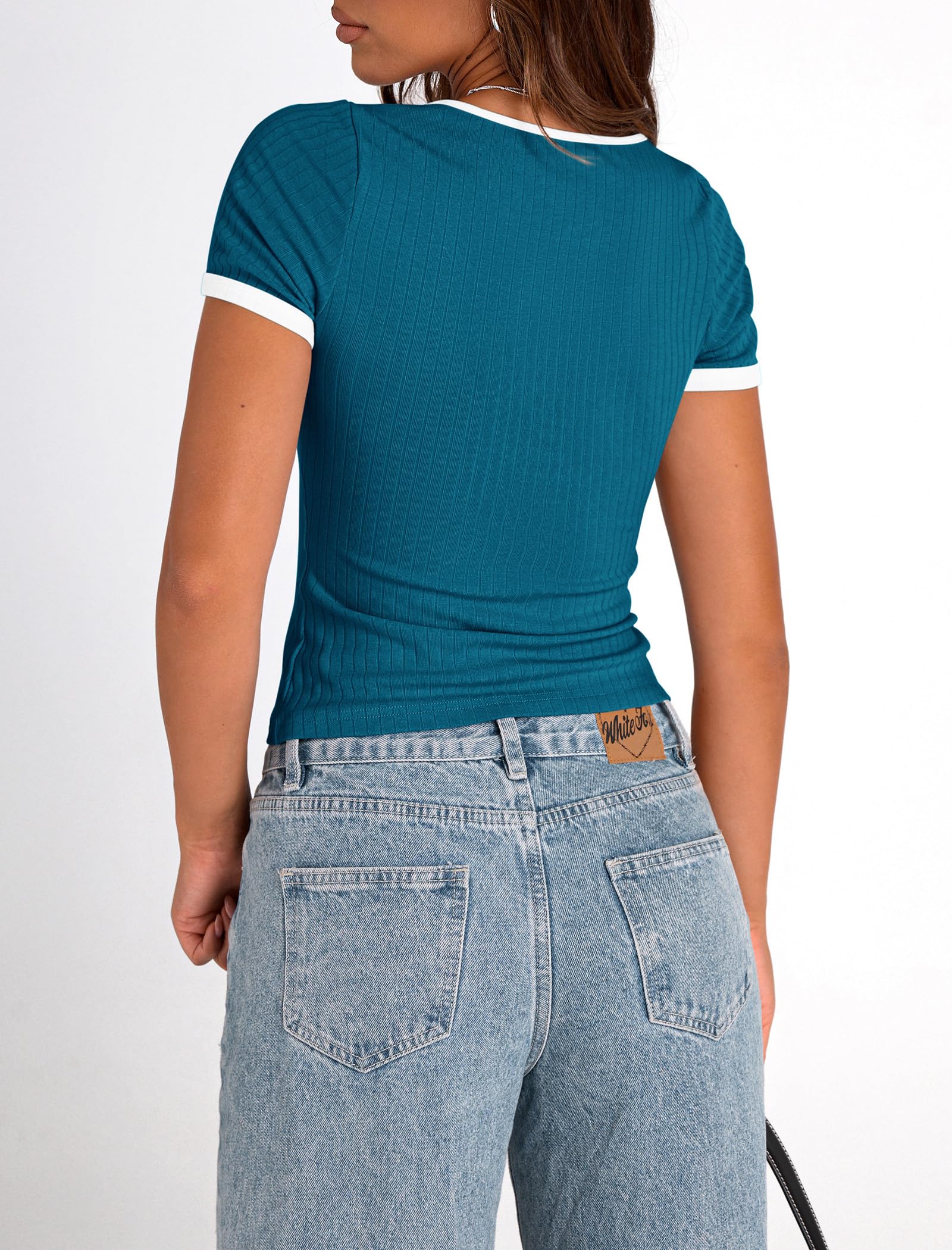 PRETTYGARDEN Women's Summer Short Sleeve T Shirts Ribbed Knit Square Neck Color Block Slim Fit Basic Casual Crop Tops Blouses